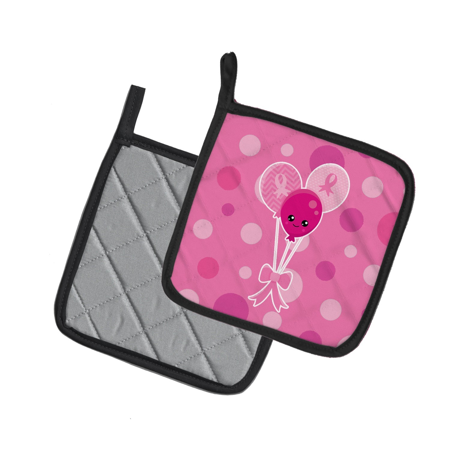 Breast Cancer Awareness Ribbon Balloons Pot Holder Set of 2 Heat Resistant Quilted Hot Pads 7.5 x 7.5 Inch, Insulated Kitchen Trivets for Cooking & Baking