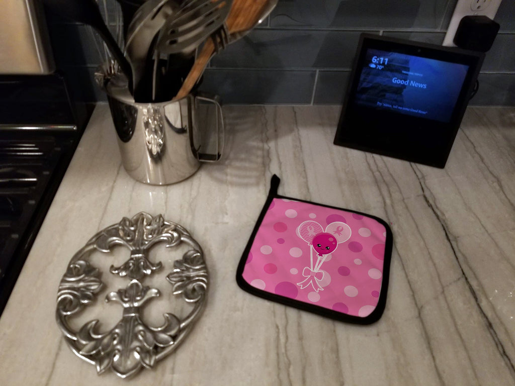 Breast Cancer Awareness Ribbon Balloons Pot Holder Set of 2 Heat Resistant Quilted Hot Pads 7.5 x 7.5 Inch, Insulated Kitchen Trivets for Cooking & Baking