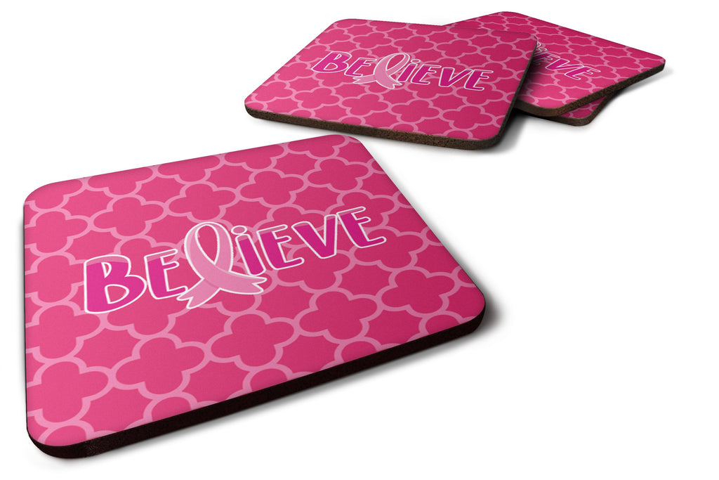 Breast Cancer Awareness Ribbon Believe Foam Coasters Set of 4 Cup Coasters for Indoor Outdoor, Tabletop Protection, Anti Slip, Mouse pad Material