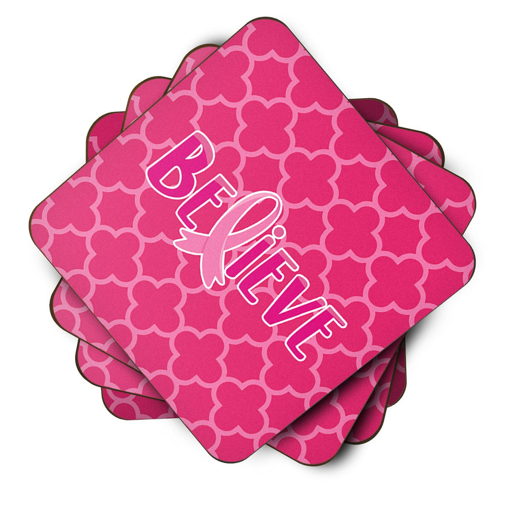 Breast Cancer Awareness Ribbon Believe Foam Coasters Set of 4 Cup Coasters for Indoor Outdoor, Tabletop Protection, Anti Slip, Mouse pad Material