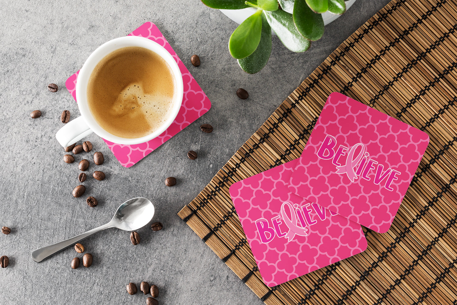 Breast Cancer Awareness Ribbon Believe Foam Coasters Set of 4 Cup Coasters for Indoor Outdoor, Tabletop Protection, Anti Slip, Mouse pad Material