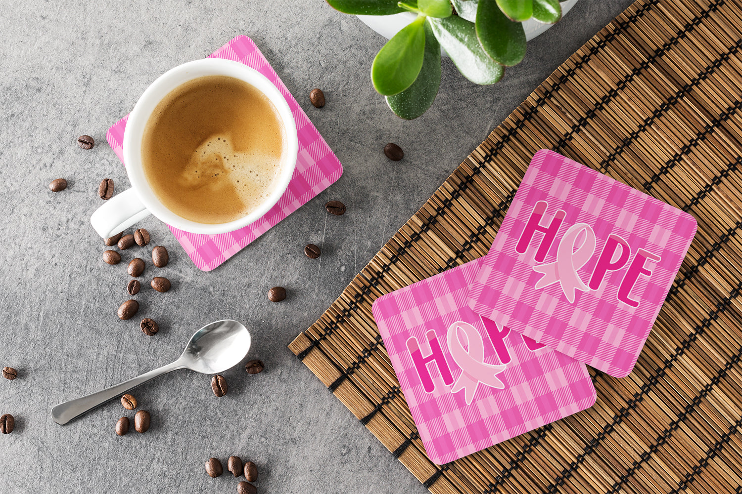 Breast Cancer Awareness Ribbon Hope Foam Coasters Set of 4 Cup Coasters for Indoor Outdoor, Tabletop Protection, Anti Slip, Mouse pad Material