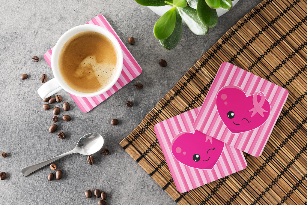 Breast Cancer Awareness Ribbon Heart Foam Coasters Set of 4 Cup Coasters for Indoor Outdoor, Tabletop Protection, Anti Slip, Mouse pad Material