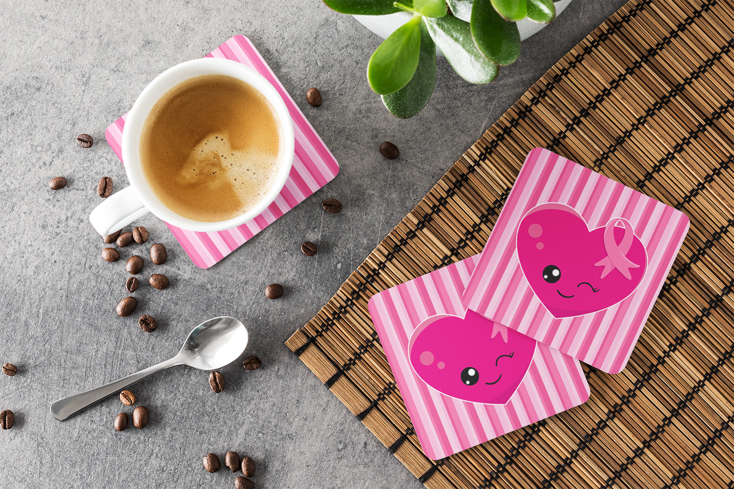Breast Cancer Awareness Ribbon Heart Foam Coasters Set of 4 Cup Coasters for Indoor Outdoor, Tabletop Protection, Anti Slip, Mouse pad Material