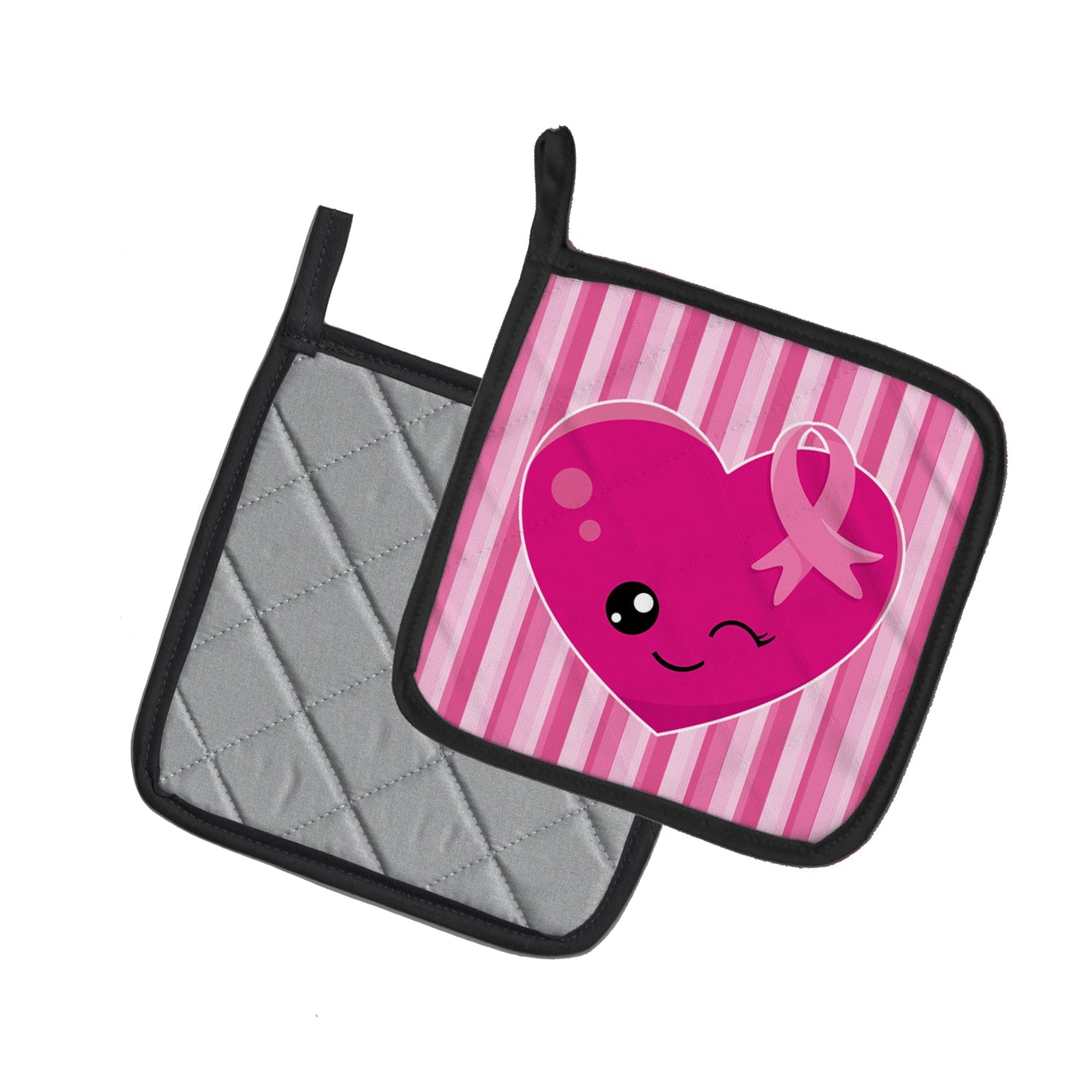 Breast Cancer Awareness Ribbon Heart Pot Holder Set of 2 Heat Resistant Quilted Hot Pads 7.5 x 7.5 Inch, Insulated Kitchen Trivets for Cooking & Baking