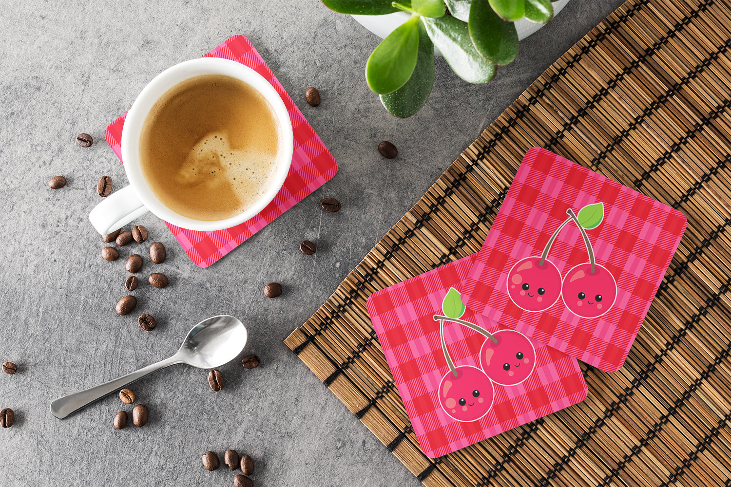 Cherry Faces Foam Coasters Set of 4 Cup Coasters for Indoor Outdoor, Tabletop Protection, Anti Slip, Mouse pad Material