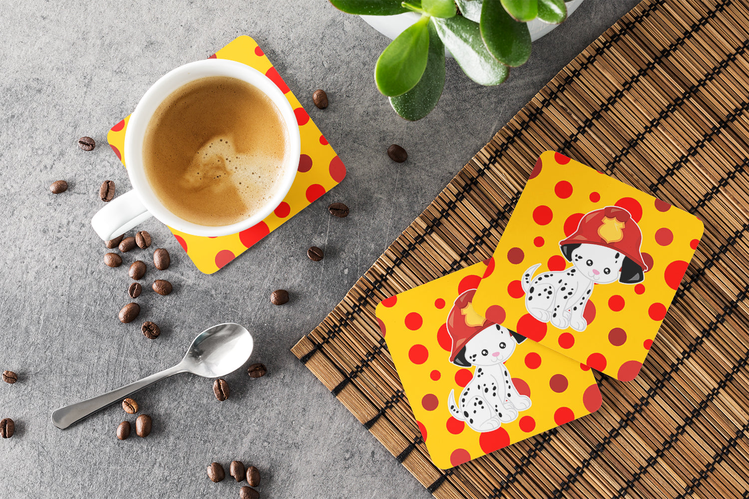 Fireman Dalmatian Puppy Foam Coasters Set of 4 Cup Coasters for Indoor Outdoor, Tabletop Protection, Anti Slip, Mouse pad Material