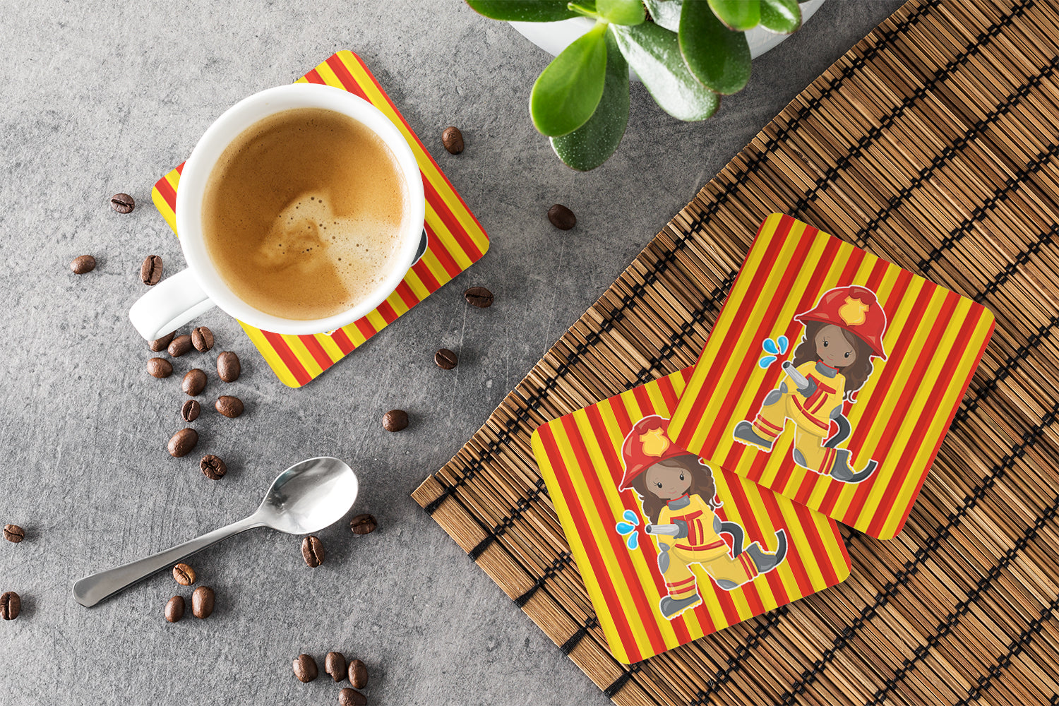 Fireman Girl Foam Coasters Set of 4 Cup Coasters for Indoor Outdoor, Tabletop Protection, Anti Slip, Mouse pad Material
