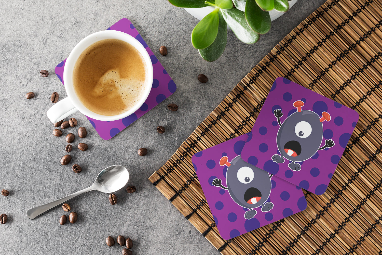 Little Monster Grape Gordo Foam Coasters Set of 4 Cup Coasters for Indoor Outdoor, Tabletop Protection, Anti Slip, Mouse pad Material