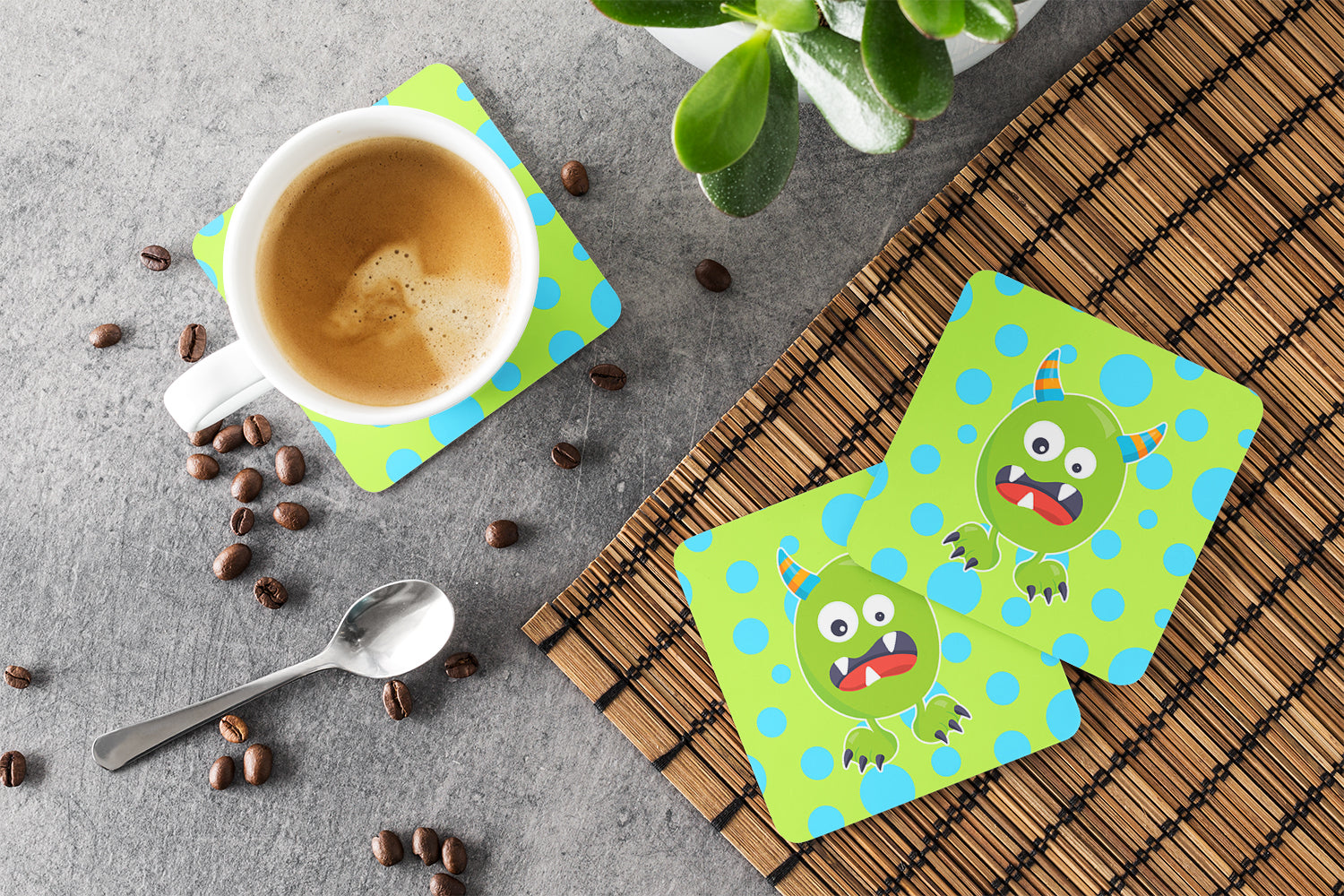 Little Monster Greenie Doodle Foam Coasters Set of 4 Cup Coasters for Indoor Outdoor, Tabletop Protection, Anti Slip, Mouse pad Material