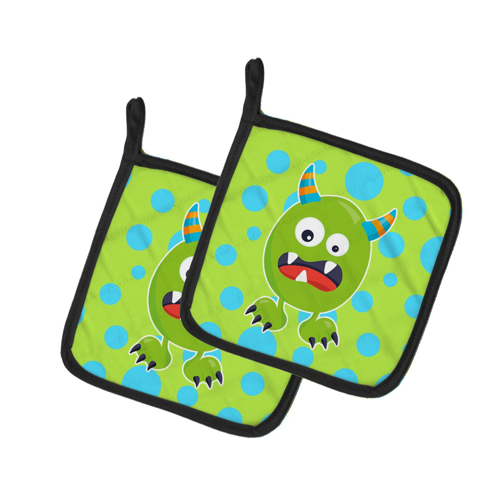 Little Monster Greenie Doodle Pot Holder Set of 2 Heat Resistant Quilted Hot Pads 7.5 x 7.5 Inch, Insulated Kitchen Trivets for Cooking & Baking