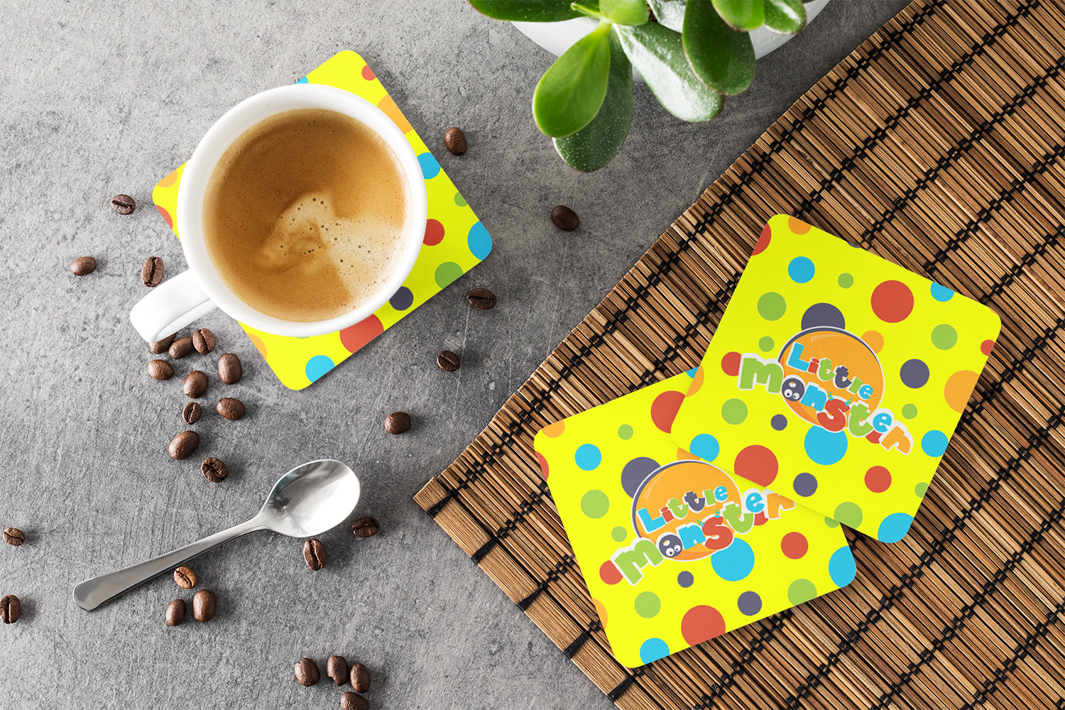 Little Monster Foam Coasters Set of 4 Cup Coasters for Indoor Outdoor, Tabletop Protection, Anti Slip, Mouse pad Material