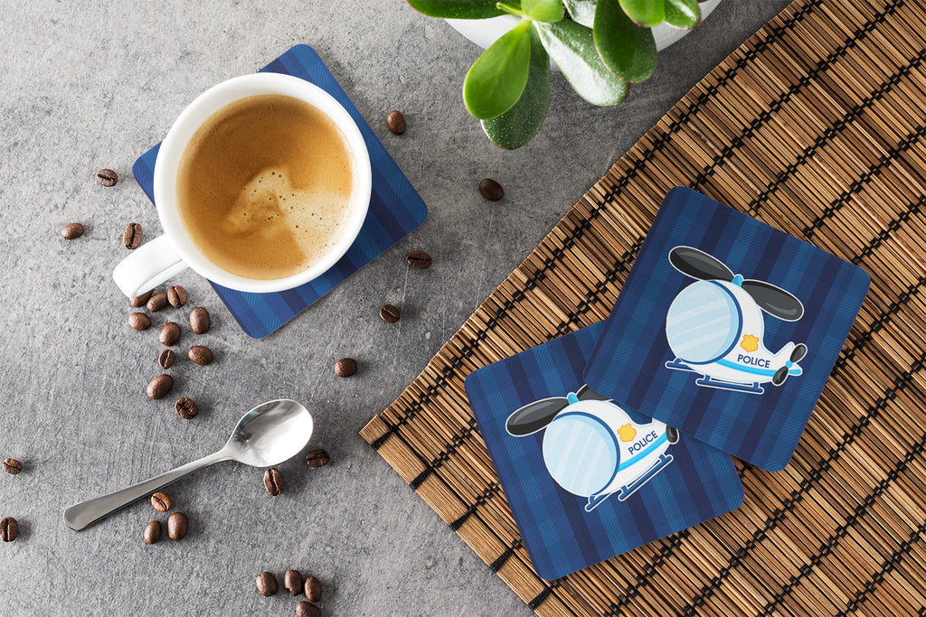 Police Helicopter Foam Coasters Set of 4 Cup Coasters for Indoor Outdoor, Tabletop Protection, Anti Slip, Mouse pad Material