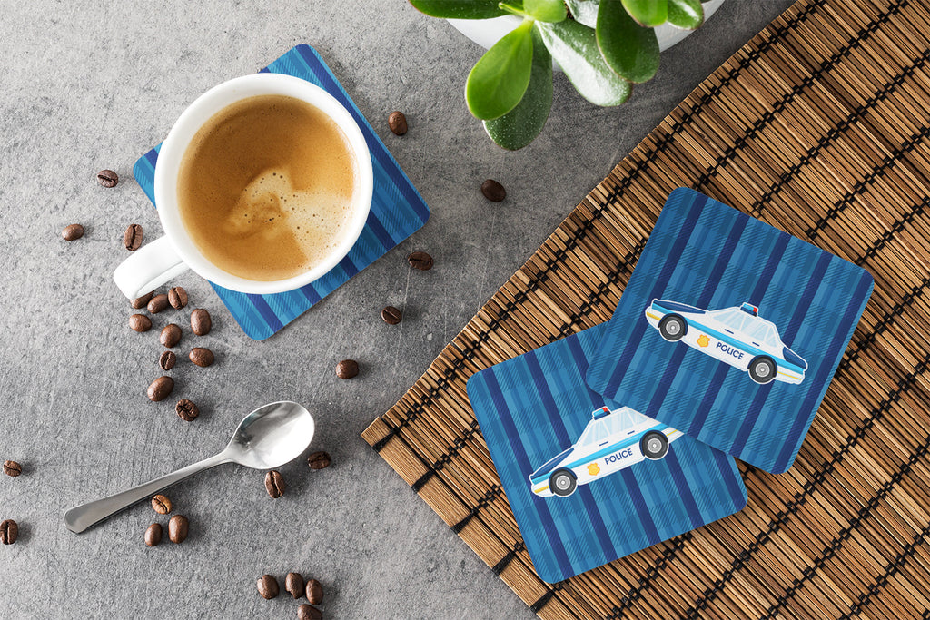 Police Car Foam Coasters Set of 4 Cup Coasters for Indoor Outdoor, Tabletop Protection, Anti Slip, Mouse pad Material