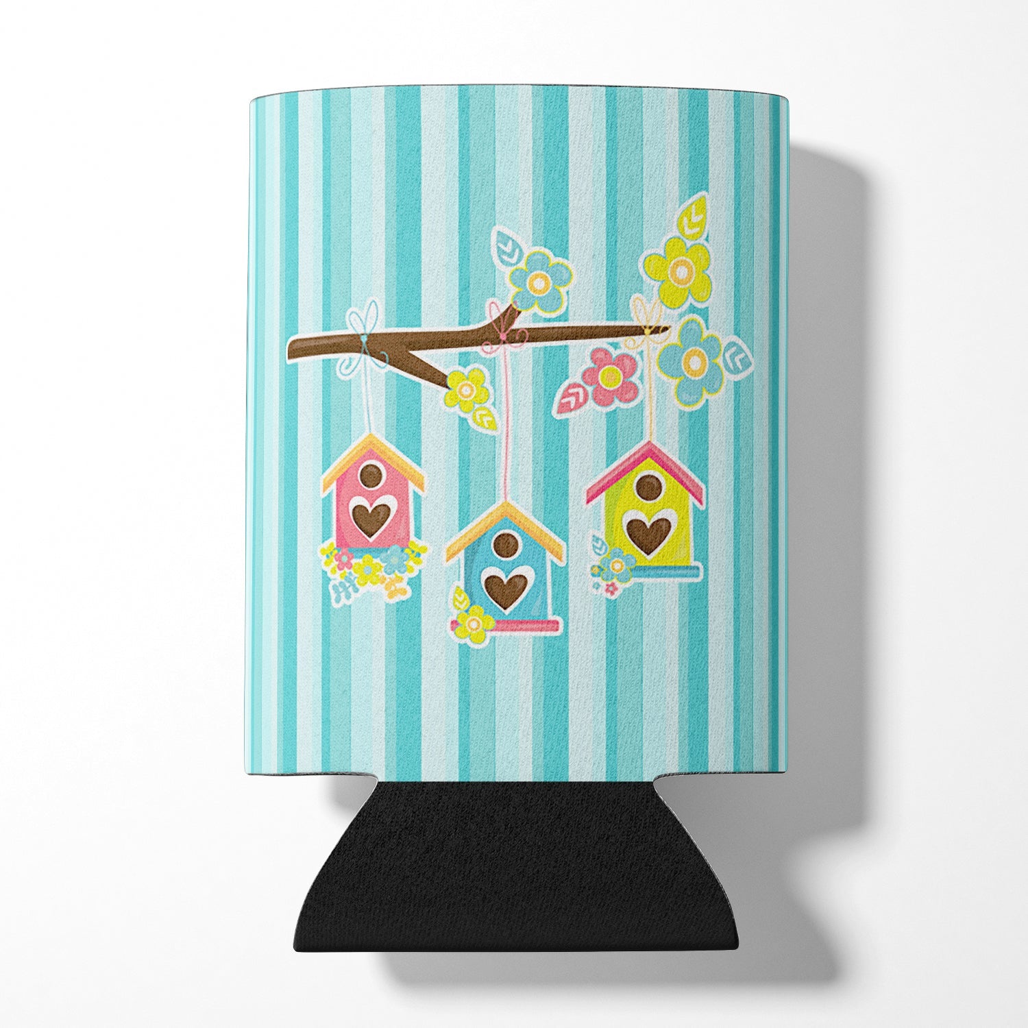 Birdhouses on Blue Stripes Can or Bottle Hugger Cooler Sleeve for Standard 12 oz Cans, Insulated Foam Beer & Soda Can Hugger Reusable