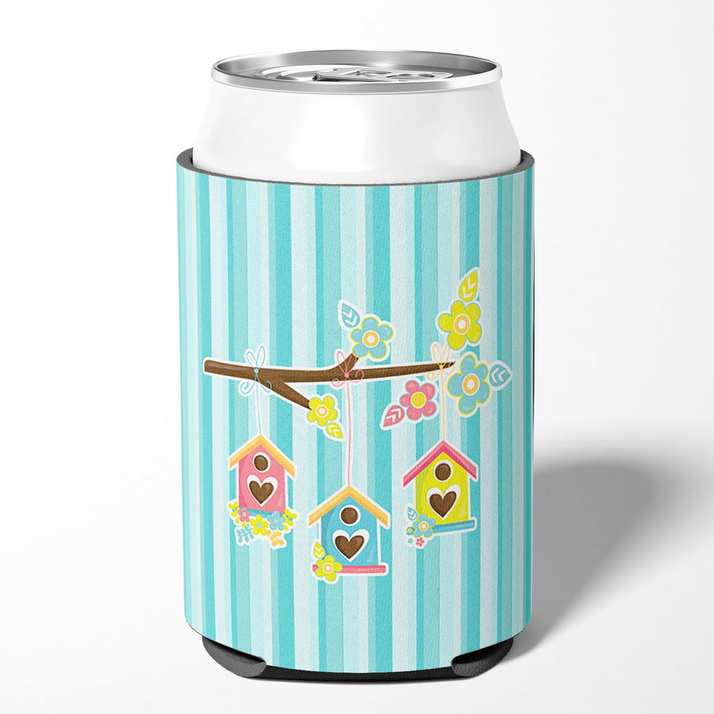Birdhouses on Blue Stripes Can or Bottle Hugger Cooler Sleeve for Standard 12 oz Cans, Insulated Foam Beer & Soda Can Hugger Reusable