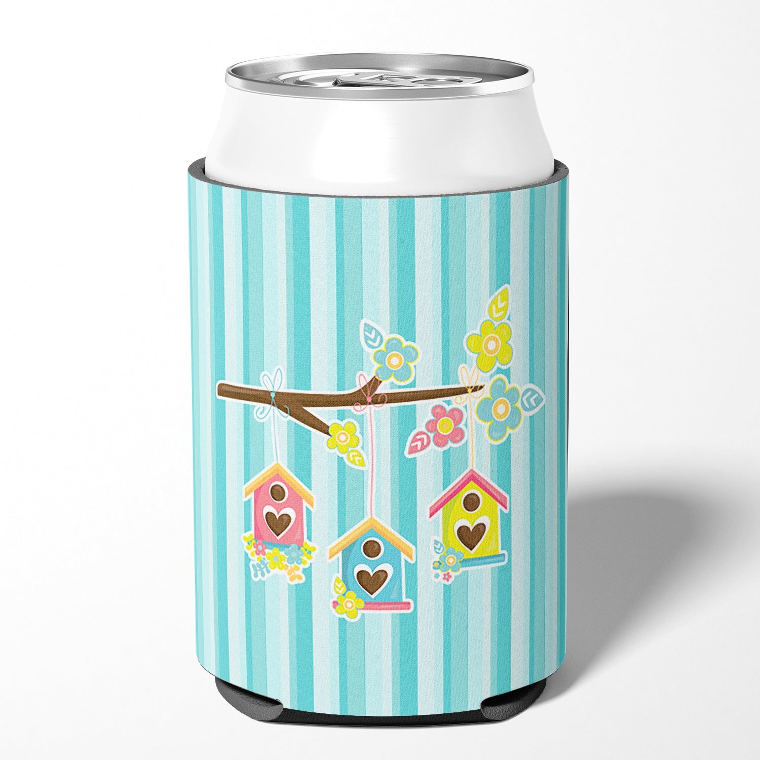 Birdhouses on Blue Stripes Can or Bottle Hugger Cooler Sleeve for Standard 12 oz Cans, Insulated Foam Beer & Soda Can Hugger Reusable