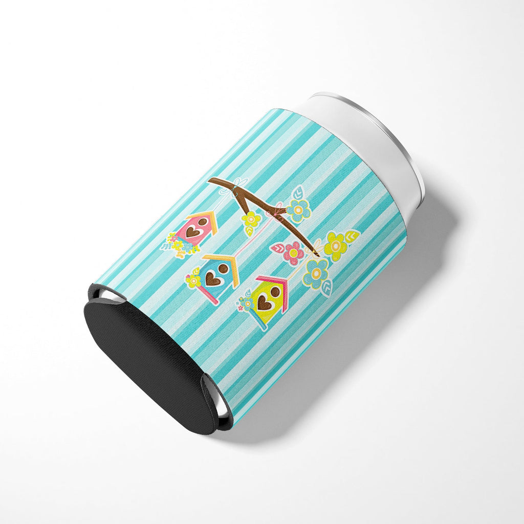 Birdhouses on Blue Stripes Can or Bottle Hugger Cooler Sleeve for Standard 12 oz Cans, Insulated Foam Beer & Soda Can Hugger Reusable