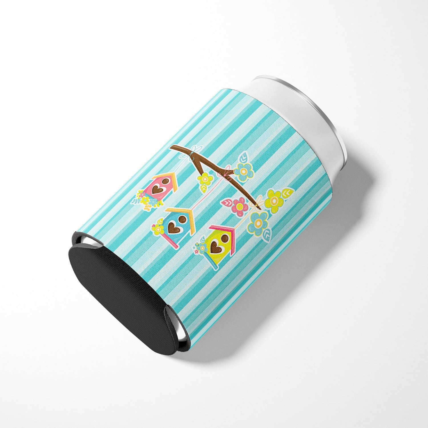 Birdhouses on Blue Stripes Can or Bottle Hugger Cooler Sleeve for Standard 12 oz Cans, Insulated Foam Beer & Soda Can Hugger Reusable