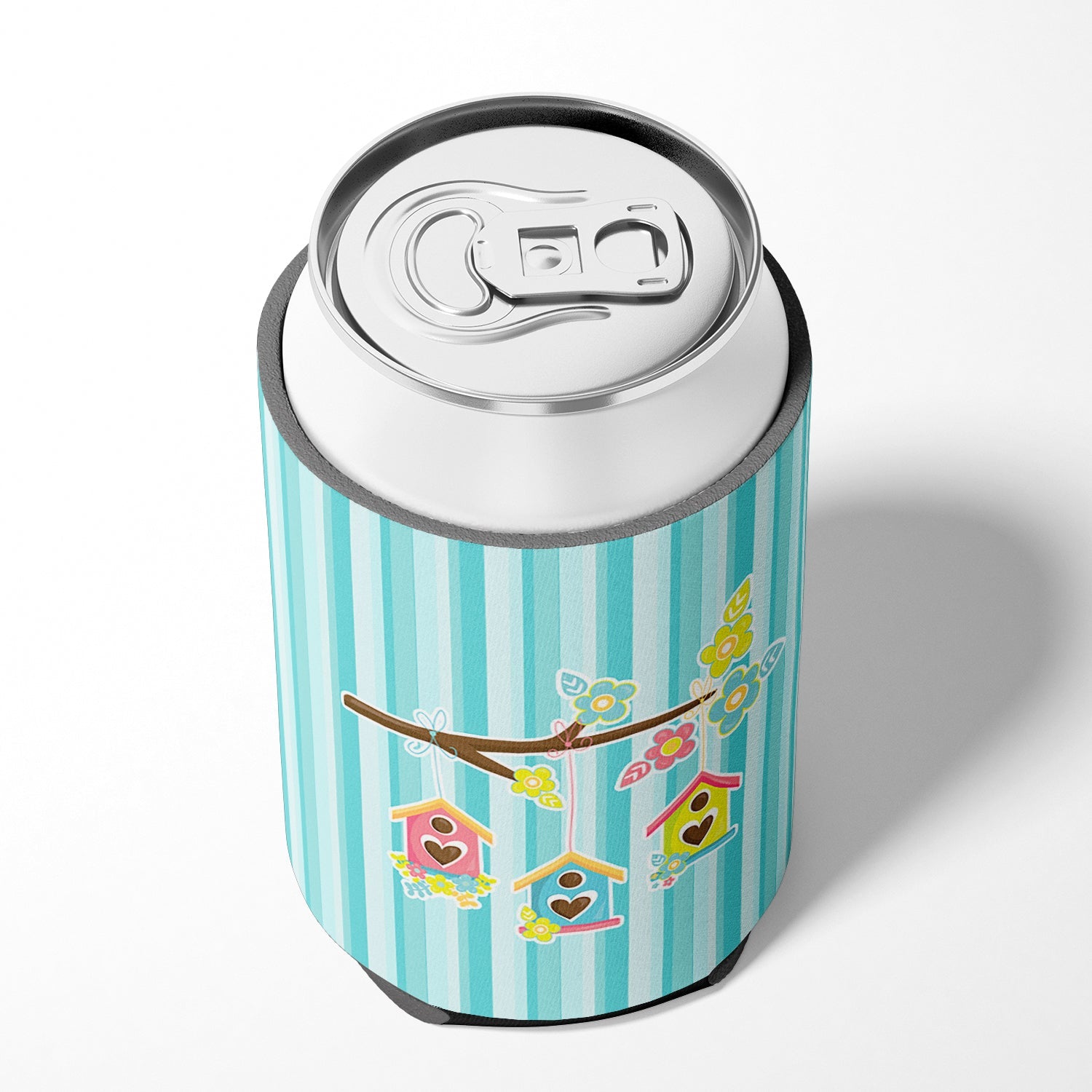 Birdhouses on Blue Stripes Can or Bottle Hugger Cooler Sleeve for Standard 12 oz Cans, Insulated Foam Beer & Soda Can Hugger Reusable