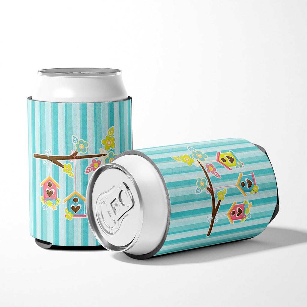 Birdhouses on Blue Stripes Can or Bottle Hugger Cooler Sleeve for Standard 12 oz Cans, Insulated Foam Beer & Soda Can Hugger Reusable