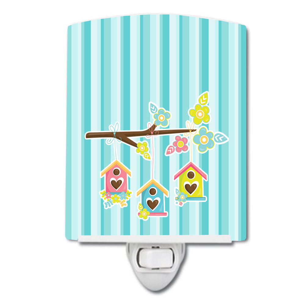 Birdhouses on Blue Stripes Ceramic Night Light Compact, UL-Certified, Ideal for Bedroom, Bathroom, Nursery, Hallway, Kitchen, 6x4x3, Multicolor