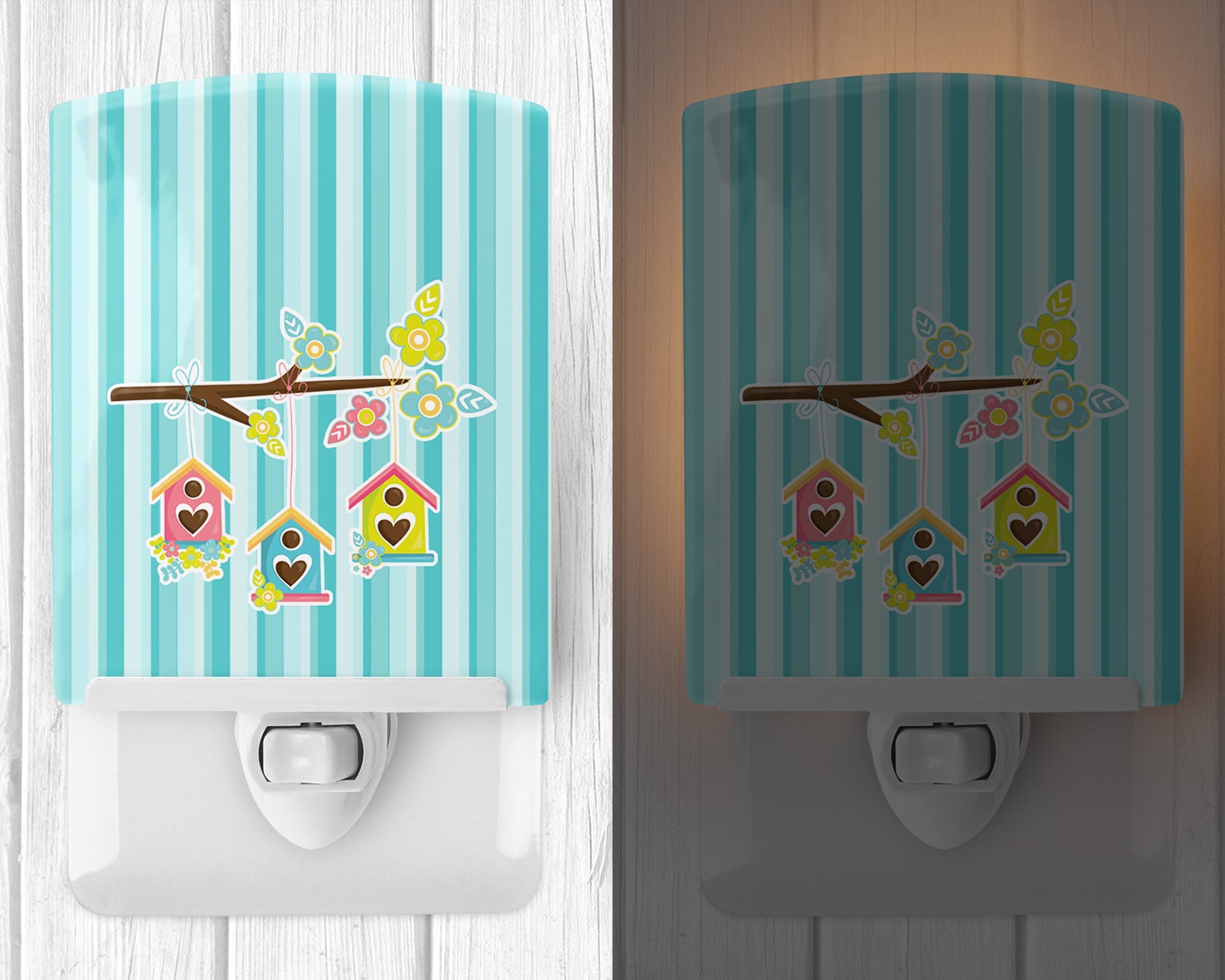 Birdhouses on Blue Stripes Ceramic Night Light Compact, UL-Certified, Ideal for Bedroom, Bathroom, Nursery, Hallway, Kitchen, 6x4x3, Multicolor