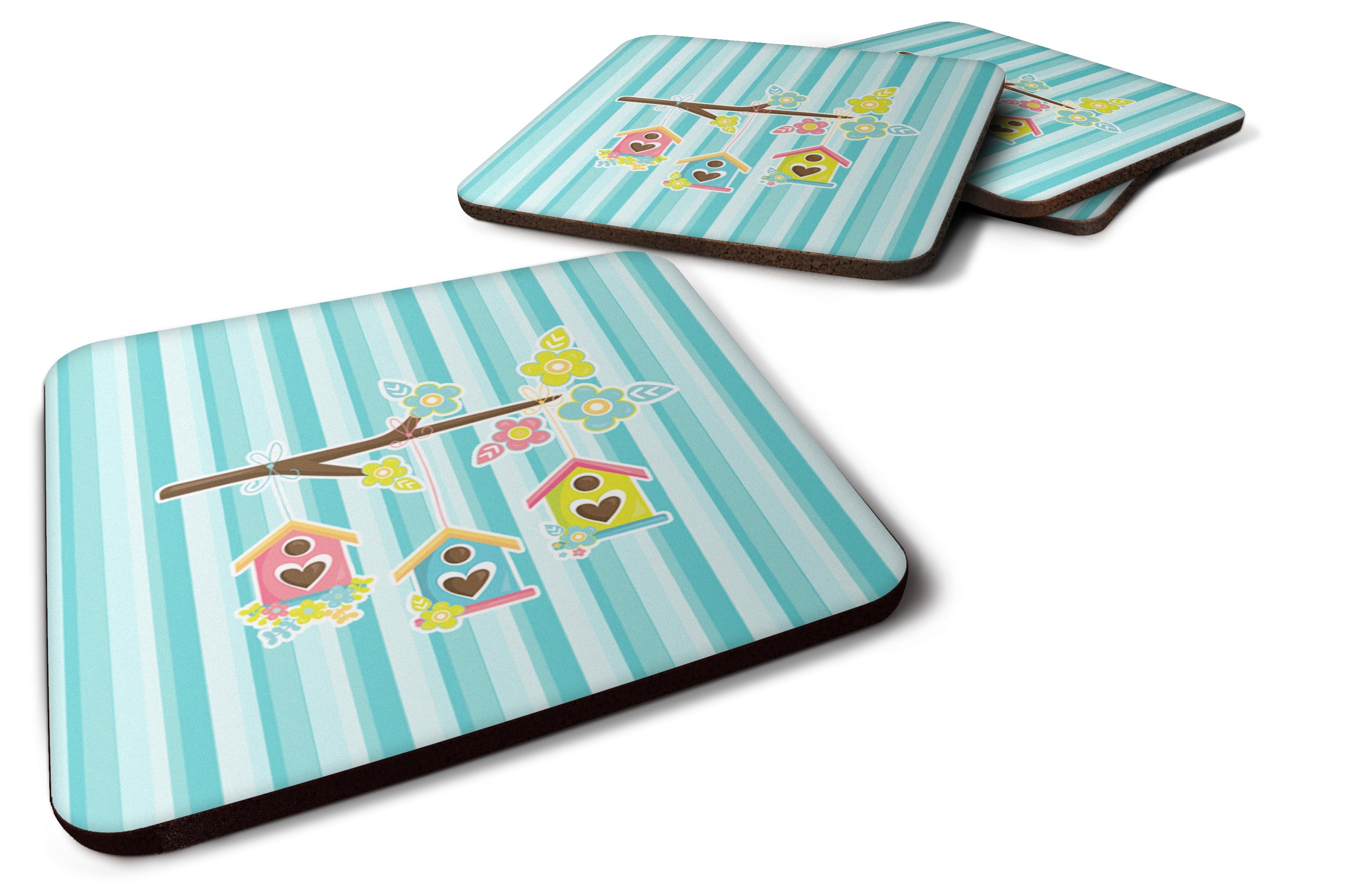 Birdhouses on Blue Stripes Foam Coasters Set of 4 Cup Coasters for Indoor Outdoor, Tabletop Protection, Anti Slip, Mouse pad Material