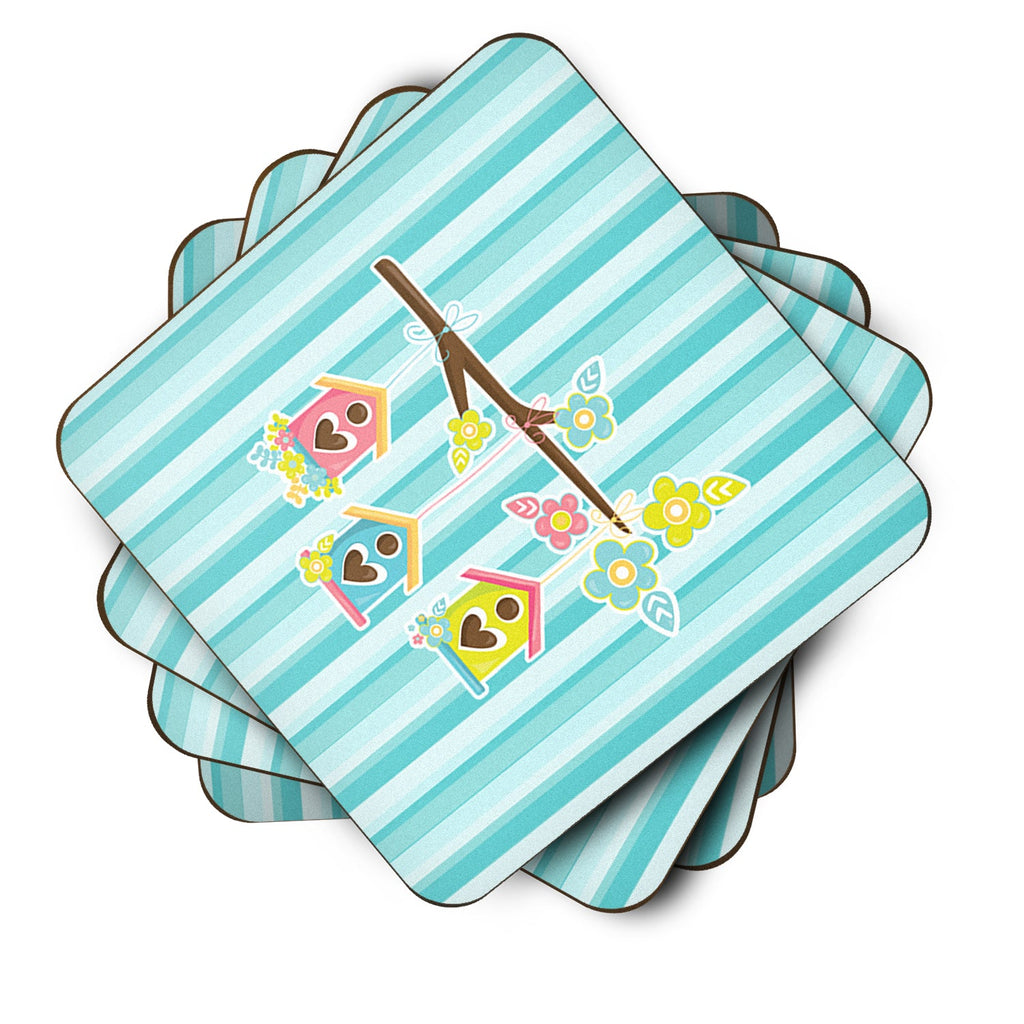 Birdhouses on Blue Stripes Foam Coasters Set of 4 Cup Coasters for Indoor Outdoor, Tabletop Protection, Anti Slip, Mouse pad Material