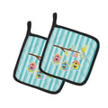 Birdhouses on Blue Stripes Pot Holder Set of 2 Heat Resistant Quilted Hot Pads 7.5 x 7.5 Inch, Insulated Kitchen Trivets for Cooking & Baking