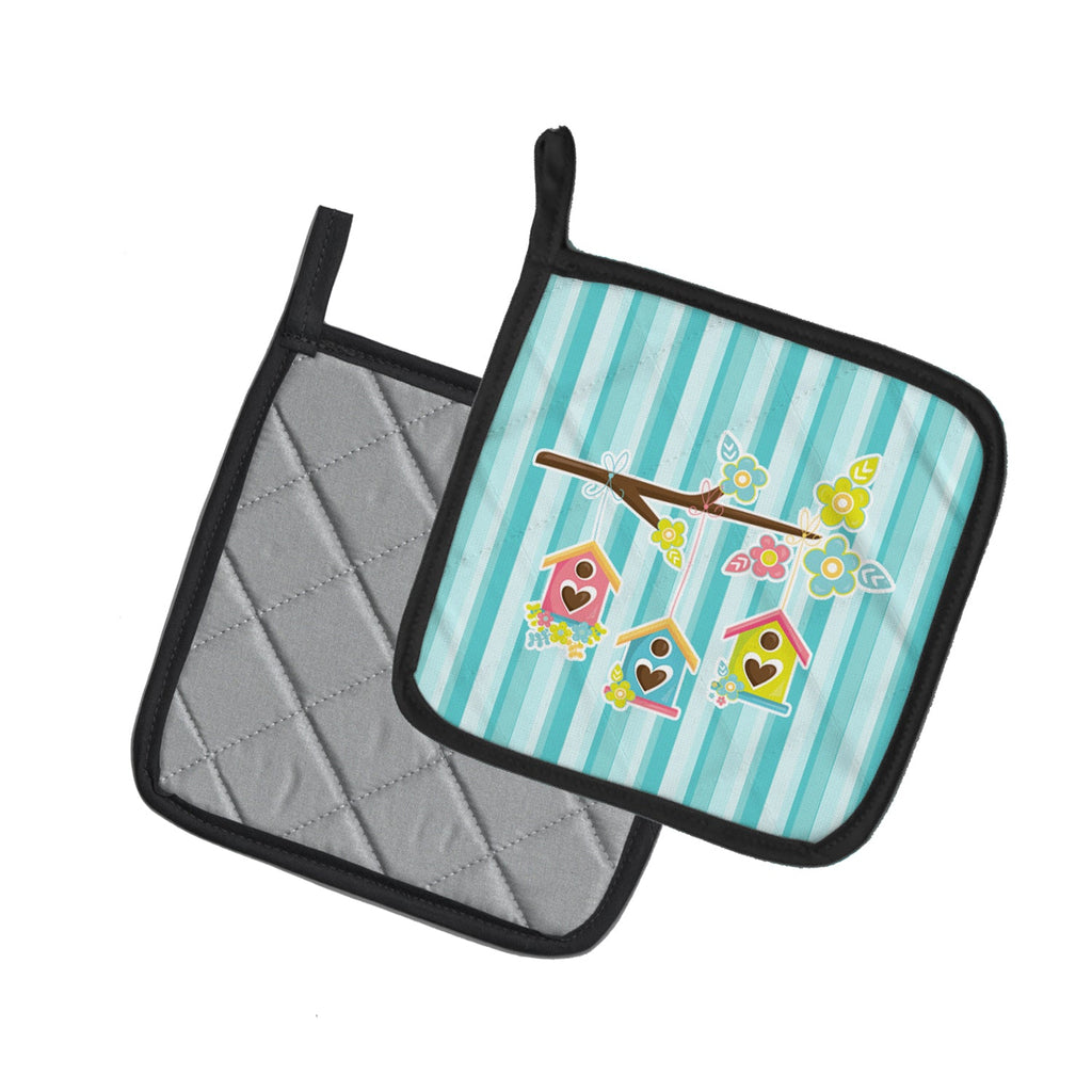 Birdhouses on Blue Stripes Pot Holder Set of 2 Heat Resistant Quilted Hot Pads 7.5 x 7.5 Inch, Insulated Kitchen Trivets for Cooking & Baking