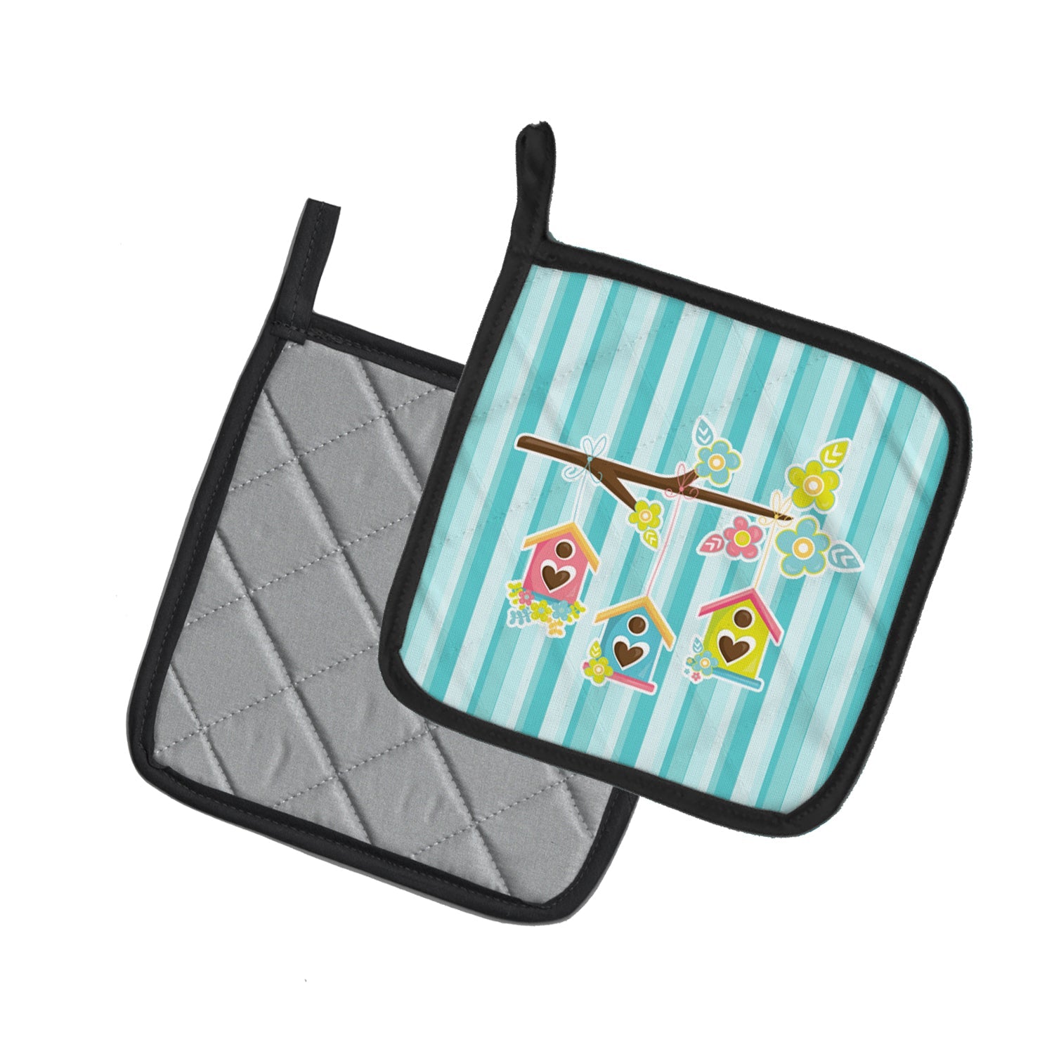 Birdhouses on Blue Stripes Pot Holder Set of 2 Heat Resistant Quilted Hot Pads 7.5 x 7.5 Inch, Insulated Kitchen Trivets for Cooking & Baking