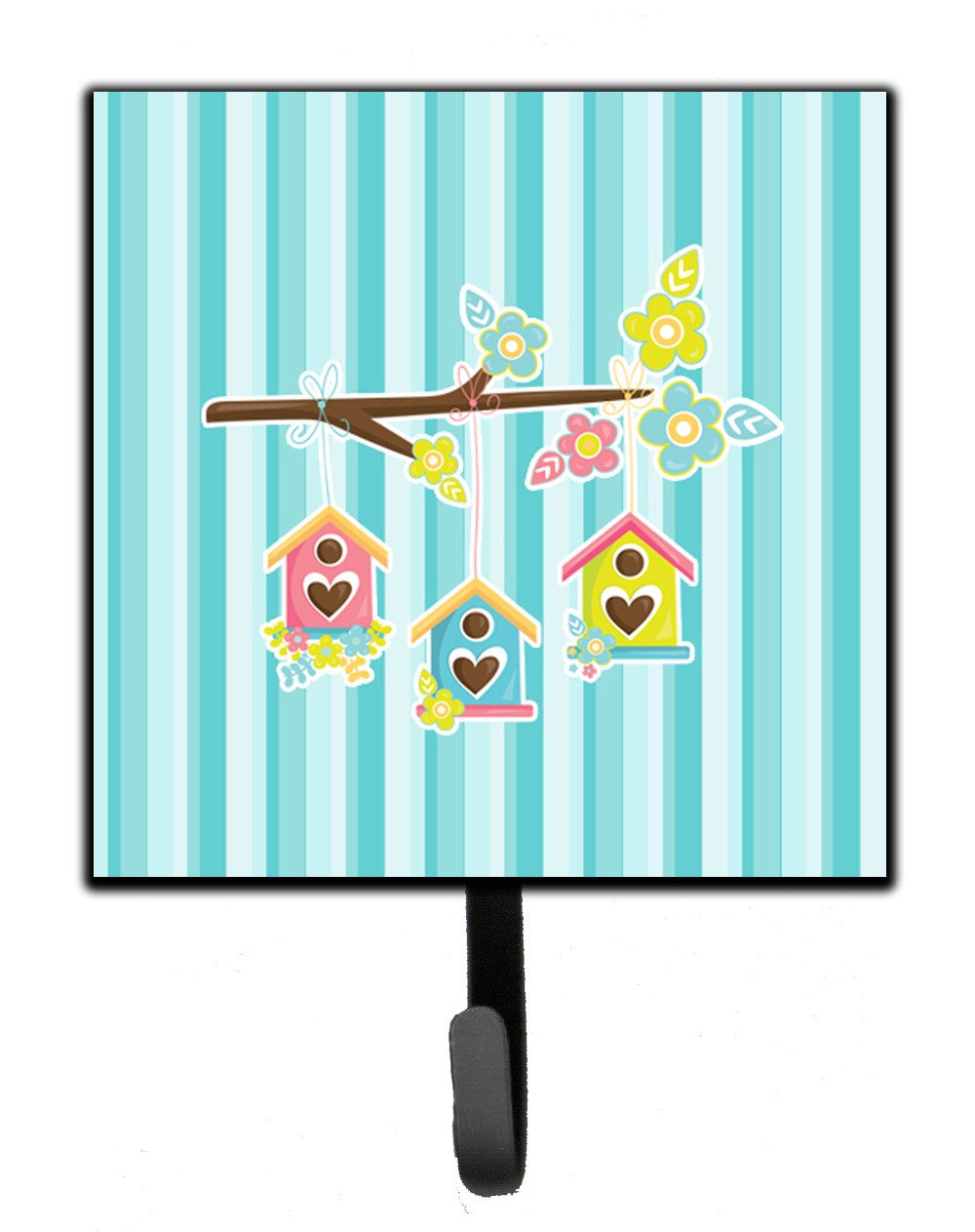 Birdhouses on Blue Stripes Leash or Key Holder Wall Hooks, Key Hooks Holder, Coat Rack Wall Mount, Coat Hooks, Hooks for Hanging Keys, Towels, Aprons, Leashes