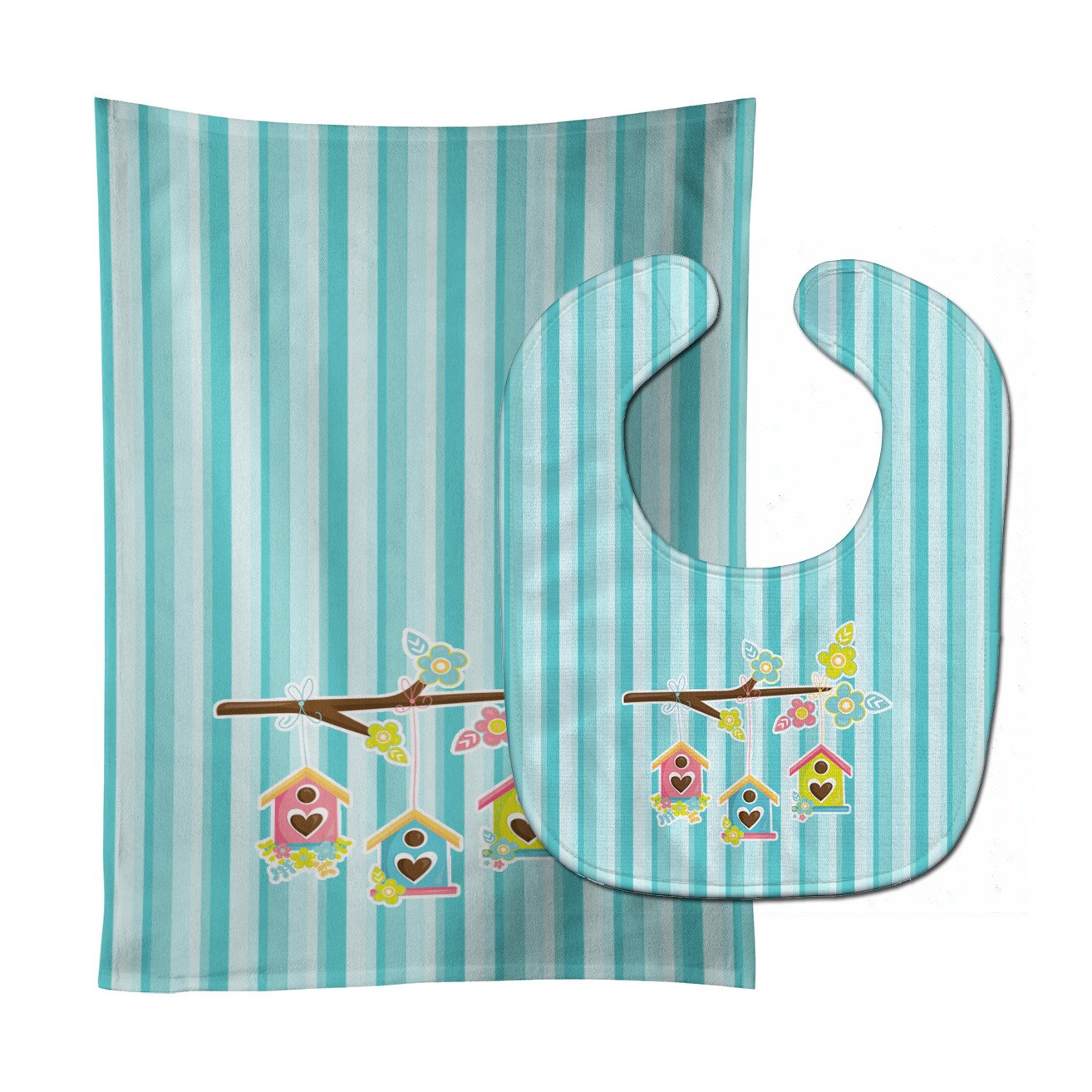 Birdhouses on Blue Stripes Baby Bib & Burp Cloth Easy-Clean Baby Bib Baby Feeding Accessory Baby Mealtime Essential