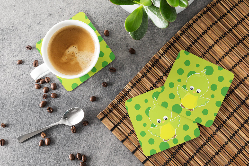 Bird on Green Polkadots Foam Coasters Set of 4 Cup Coasters for Indoor Outdoor, Tabletop Protection, Anti Slip, Mouse pad Material