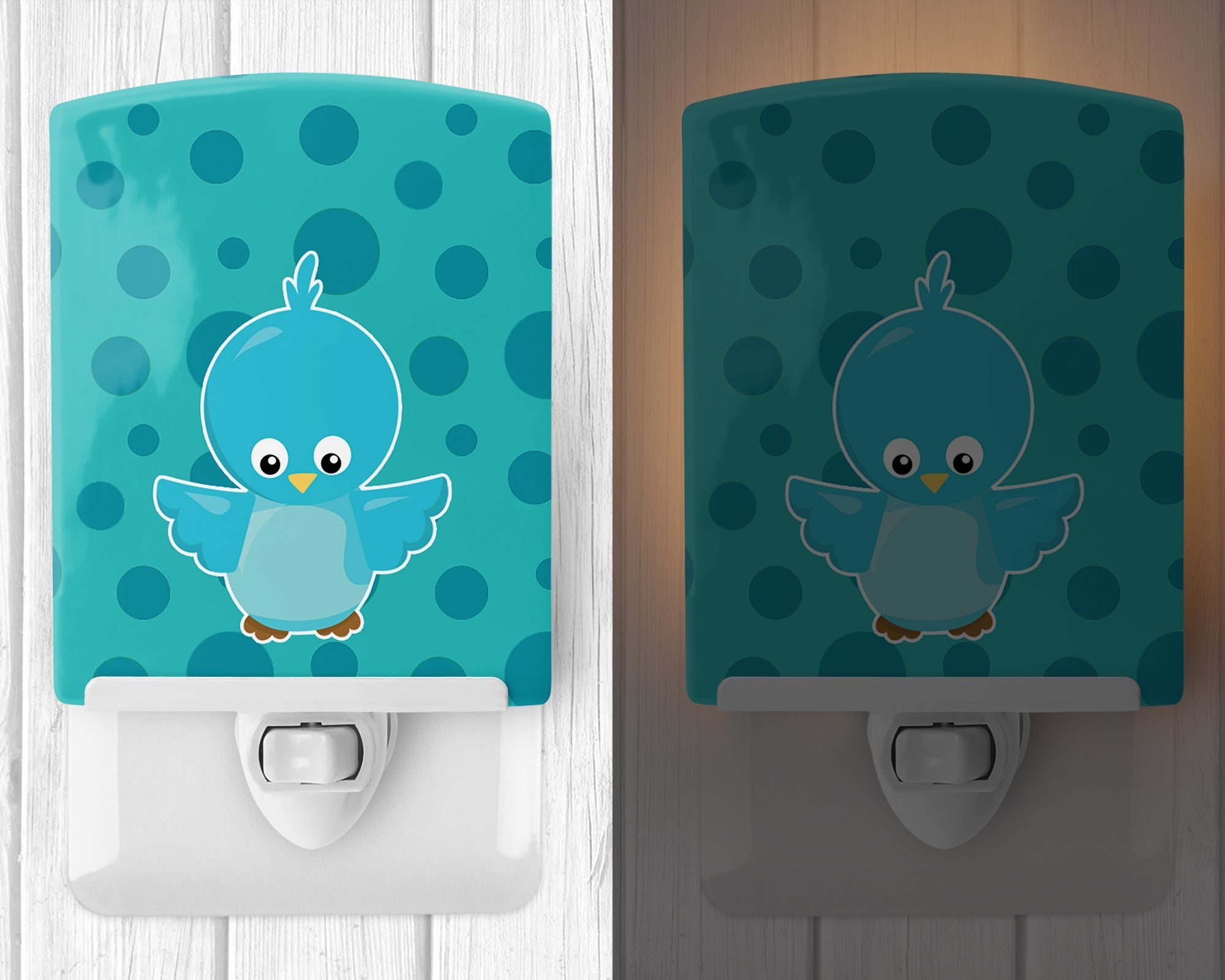 Bird on Blue Polkadots Ceramic Night Light Compact, UL-Certified, Ideal for Bedroom, Bathroom, Nursery, Hallway, Kitchen, 6x4x3, Multicolor
