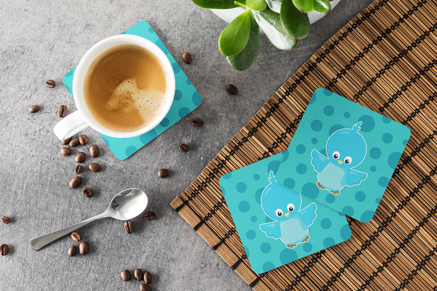 Bird on Blue Polkadots Foam Coasters Set of 4 Cup Coasters for Indoor Outdoor, Tabletop Protection, Anti Slip, Mouse pad Material