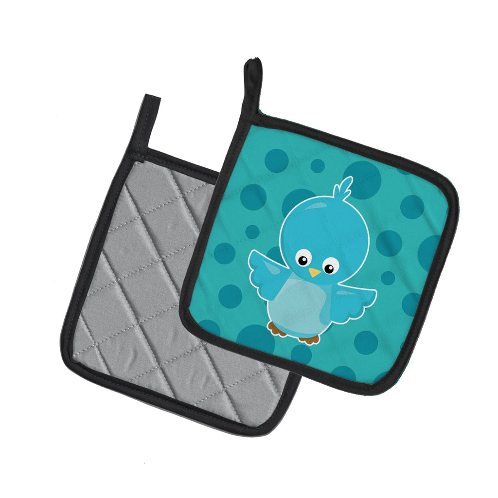 Bird on Blue Polkadots Pot Holder Set of 2 Heat Resistant Quilted Hot Pads 7.5 x 7.5 Inch, Insulated Kitchen Trivets for Cooking & Baking