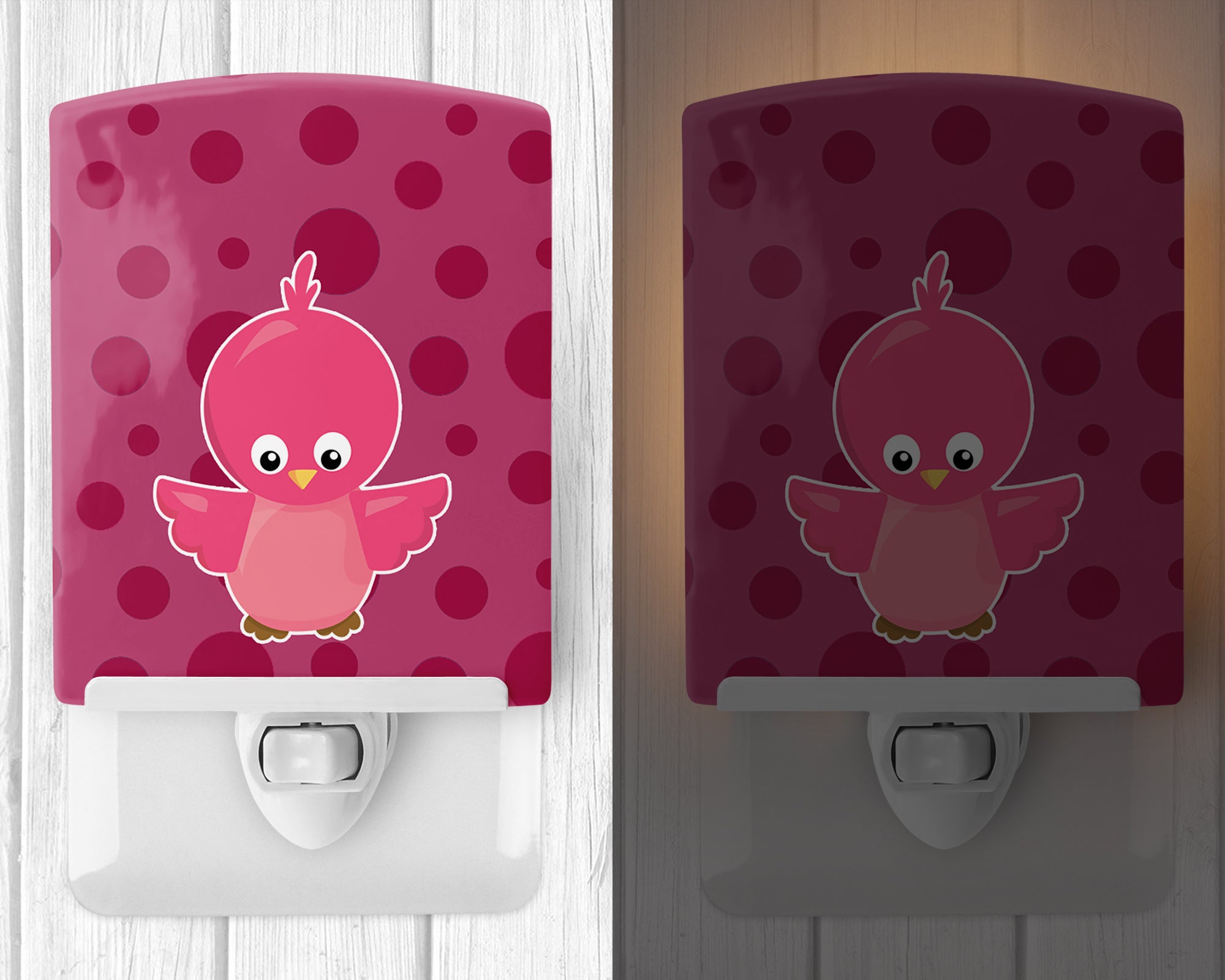 Bird on Pink Polkadots Ceramic Night Light Compact, UL-Certified, Ideal for Bedroom, Bathroom, Nursery, Hallway, Kitchen, 6x4x3, Multicolor