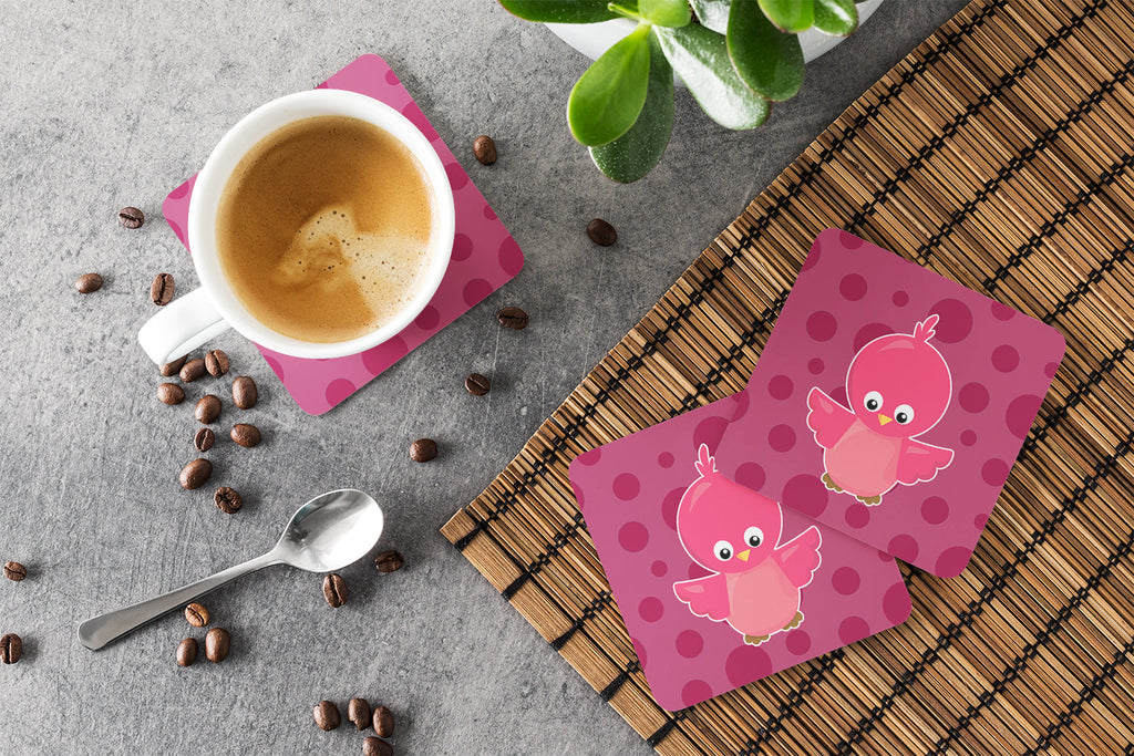 Bird on Pink Polkadots Foam Coasters Set of 4 Cup Coasters for Indoor Outdoor, Tabletop Protection, Anti Slip, Mouse pad Material