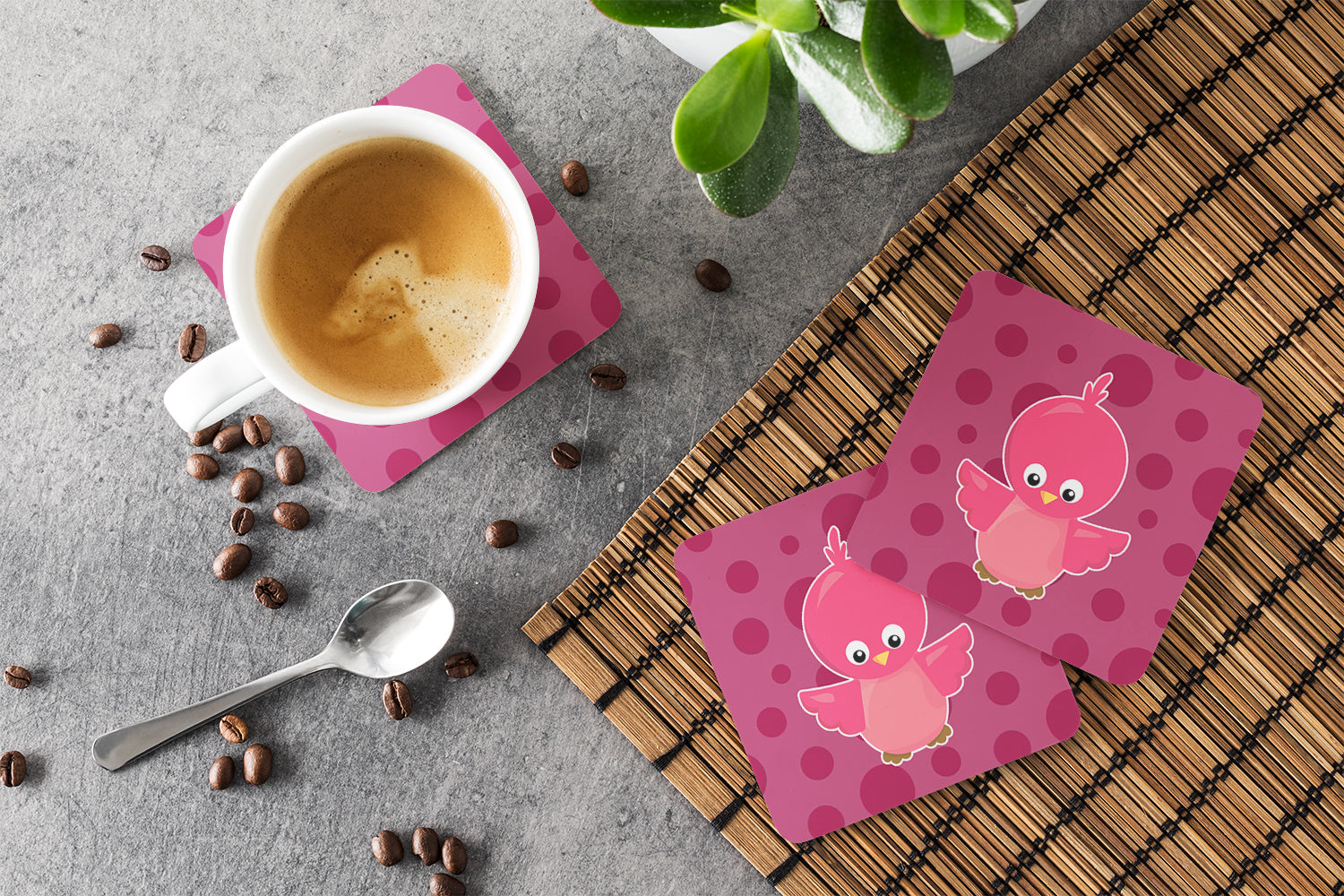 Bird on Pink Polkadots Foam Coasters Set of 4 Cup Coasters for Indoor Outdoor, Tabletop Protection, Anti Slip, Mouse pad Material