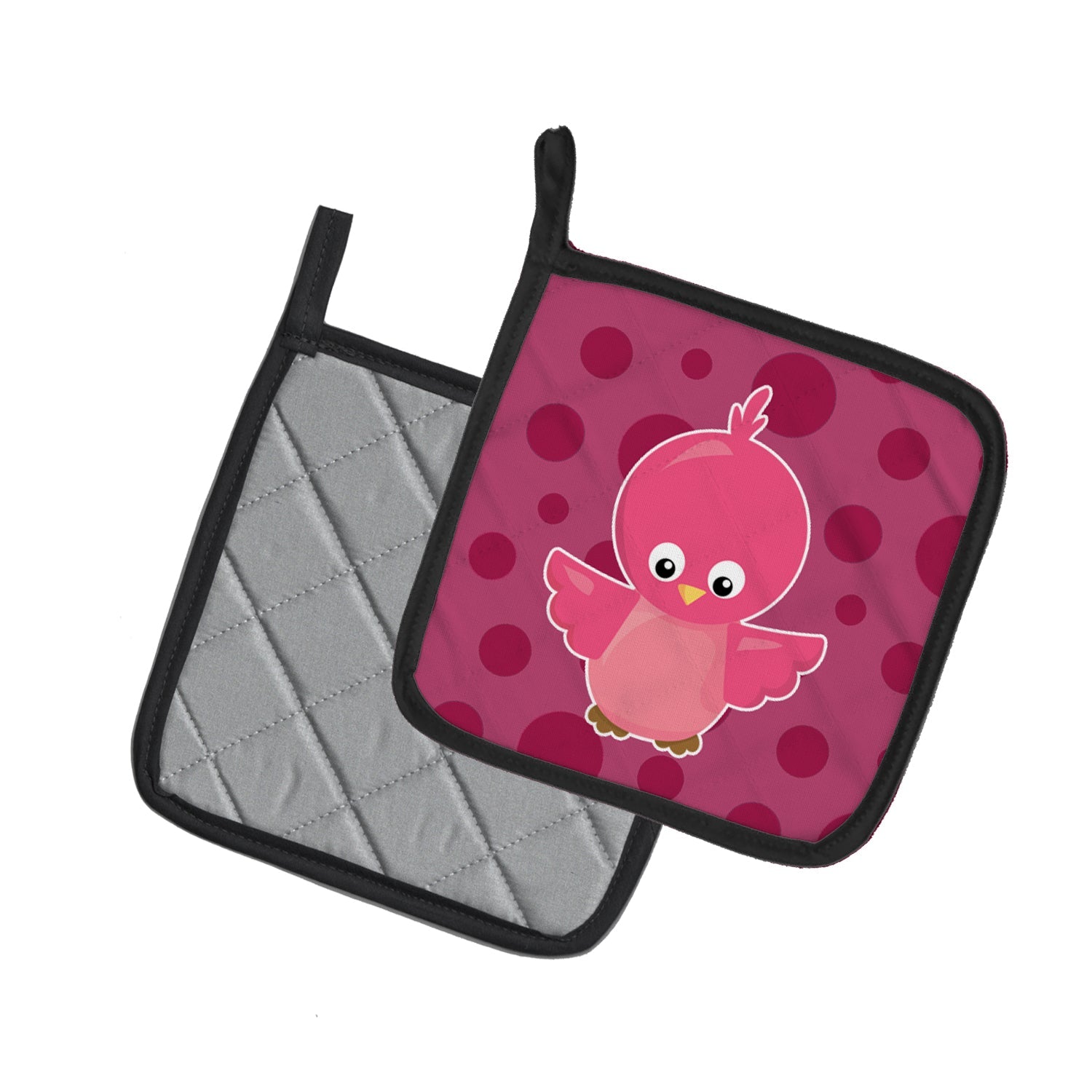 Bird on Pink Polkadots Pot Holder Set of 2 Heat Resistant Quilted Hot Pads 7.5 x 7.5 Inch, Insulated Kitchen Trivets for Cooking & Baking