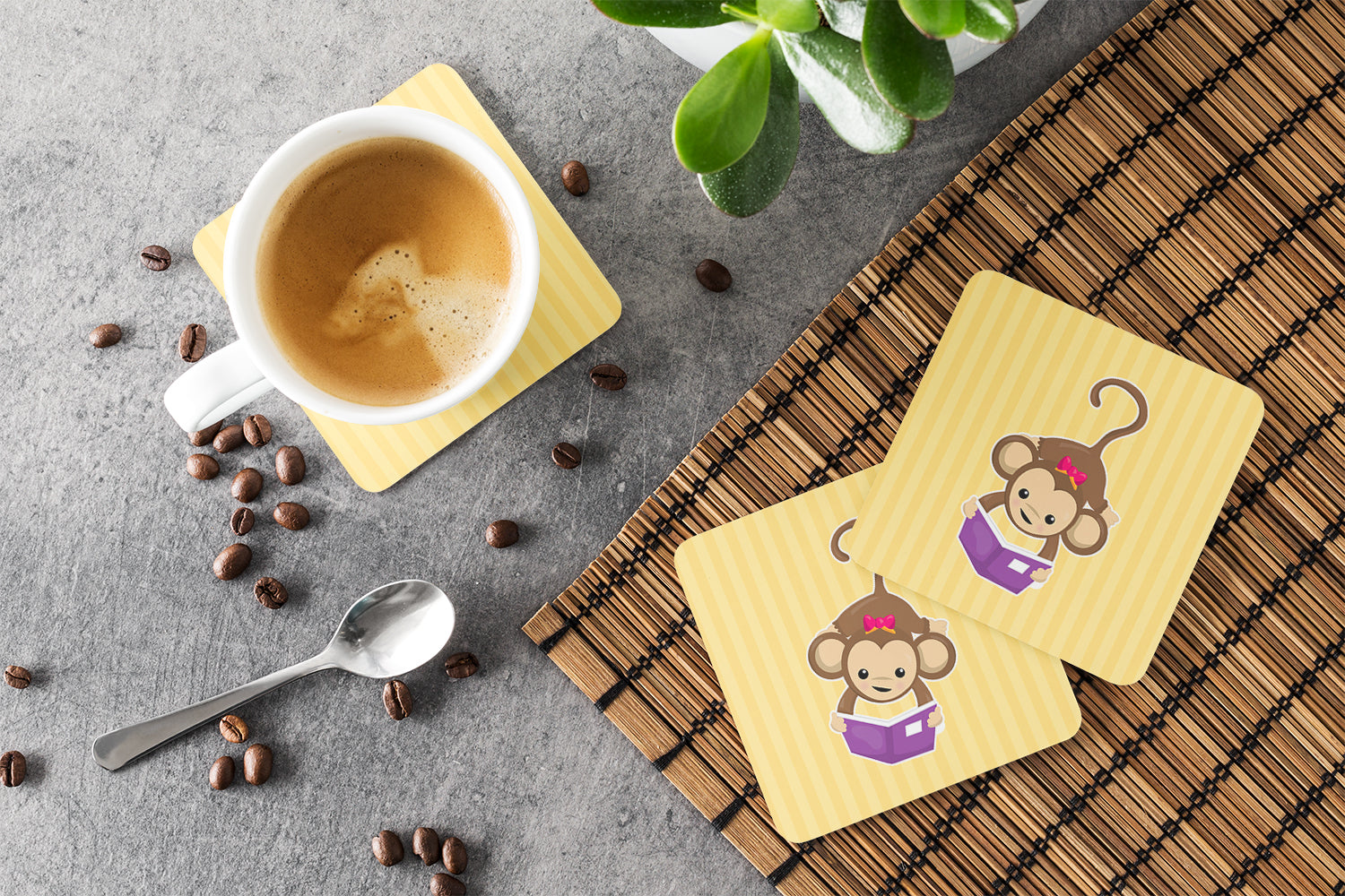 Monkey Reading Foam Coasters Set of 4 Cup Coasters for Indoor Outdoor, Tabletop Protection, Anti Slip, Mouse pad Material