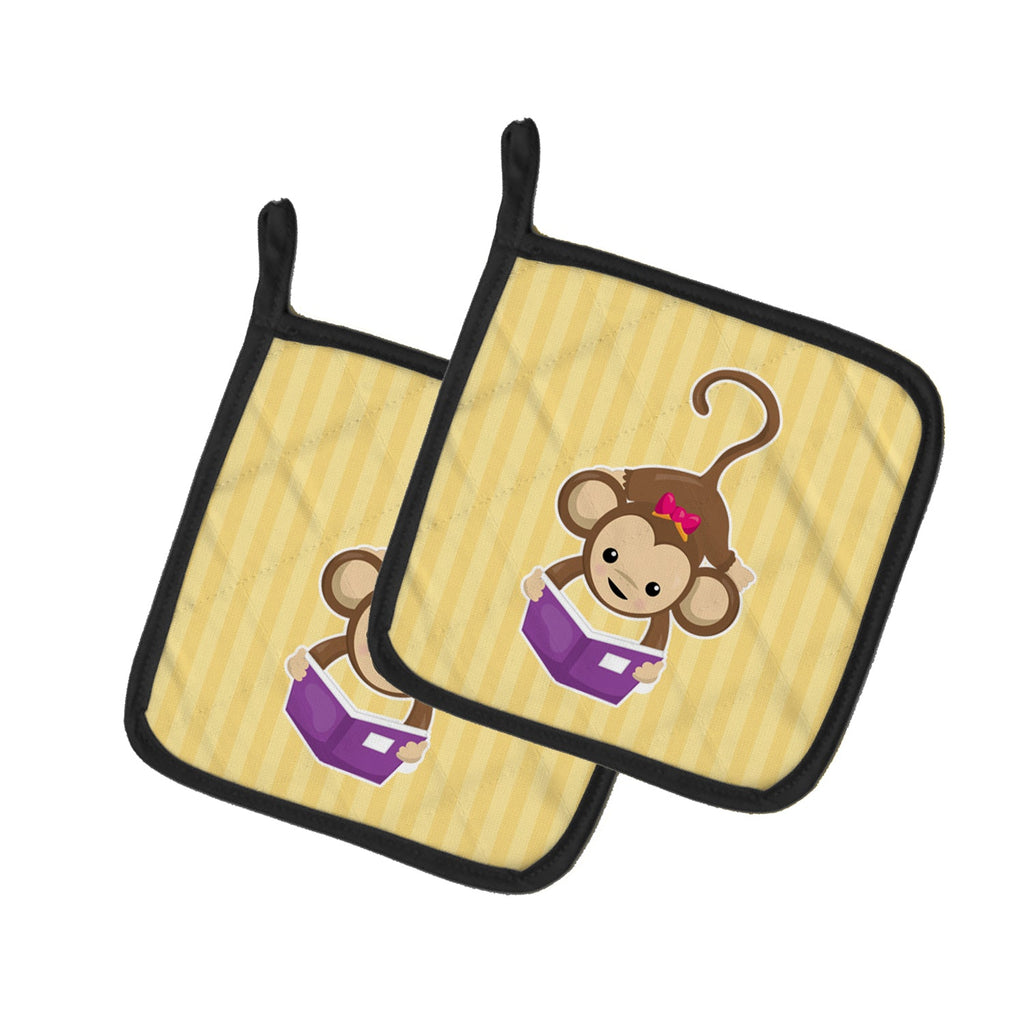 Monkey Reading Pot Holder Set of 2 Heat Resistant Quilted Hot Pads 7.5 x 7.5 Inch, Insulated Kitchen Trivets for Cooking & Baking