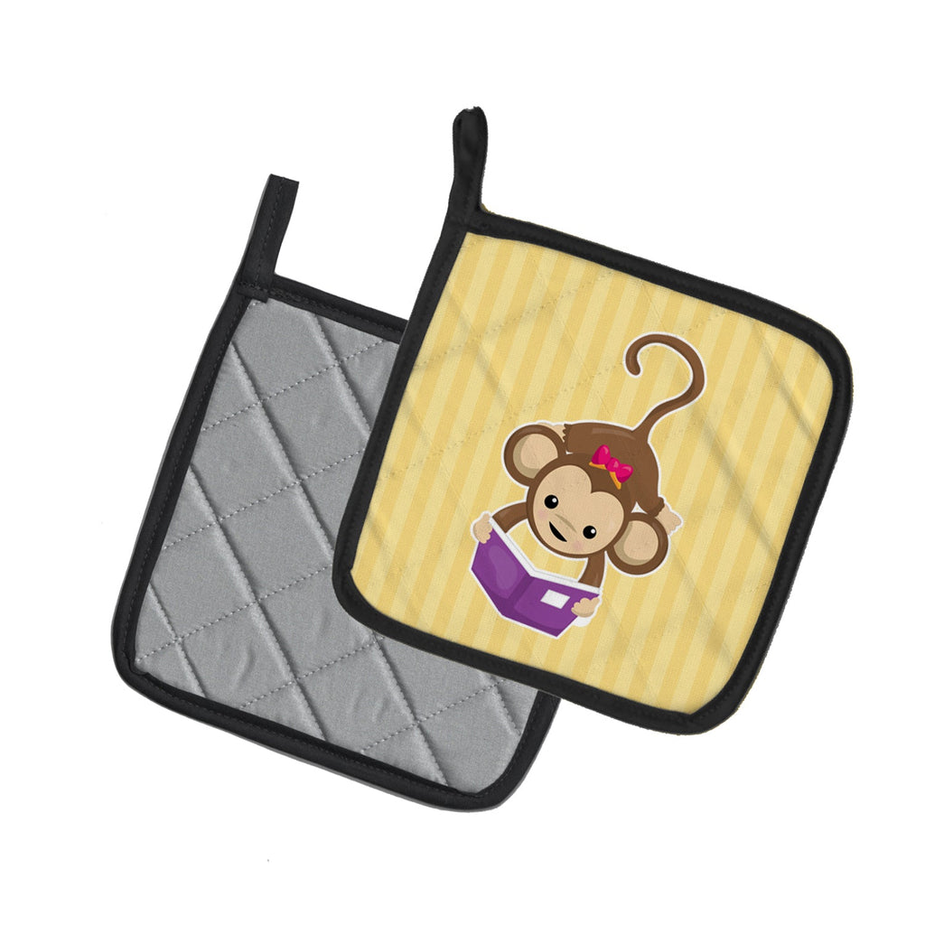 Monkey Reading Pot Holder Set of 2 Heat Resistant Quilted Hot Pads 7.5 x 7.5 Inch, Insulated Kitchen Trivets for Cooking & Baking