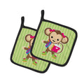 Monkey Going to School Pot Holder Set of 2 Heat Resistant Quilted Hot Pads 7.5 x 7.5 Inch, Insulated Kitchen Trivets for Cooking & Baking