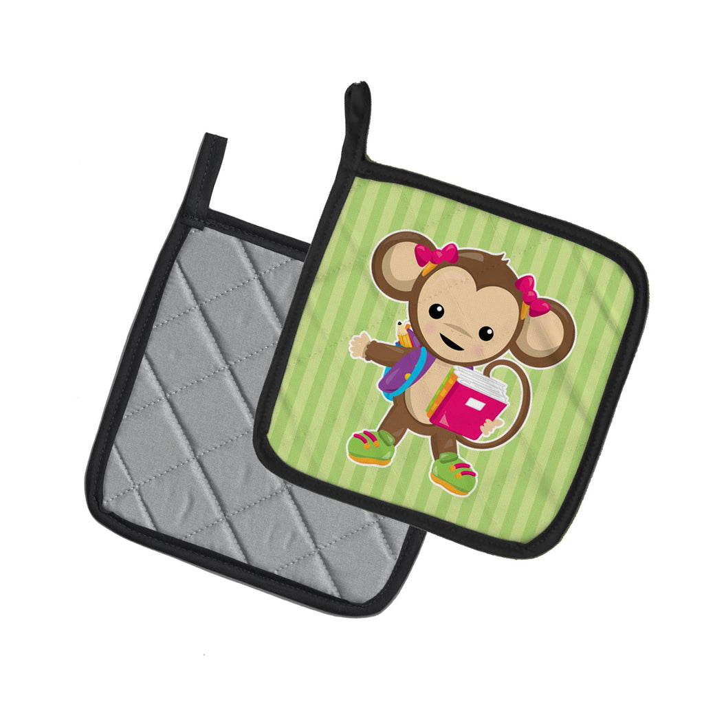 Monkey Going to School Pot Holder Set of 2 Heat Resistant Quilted Hot Pads 7.5 x 7.5 Inch, Insulated Kitchen Trivets for Cooking & Baking