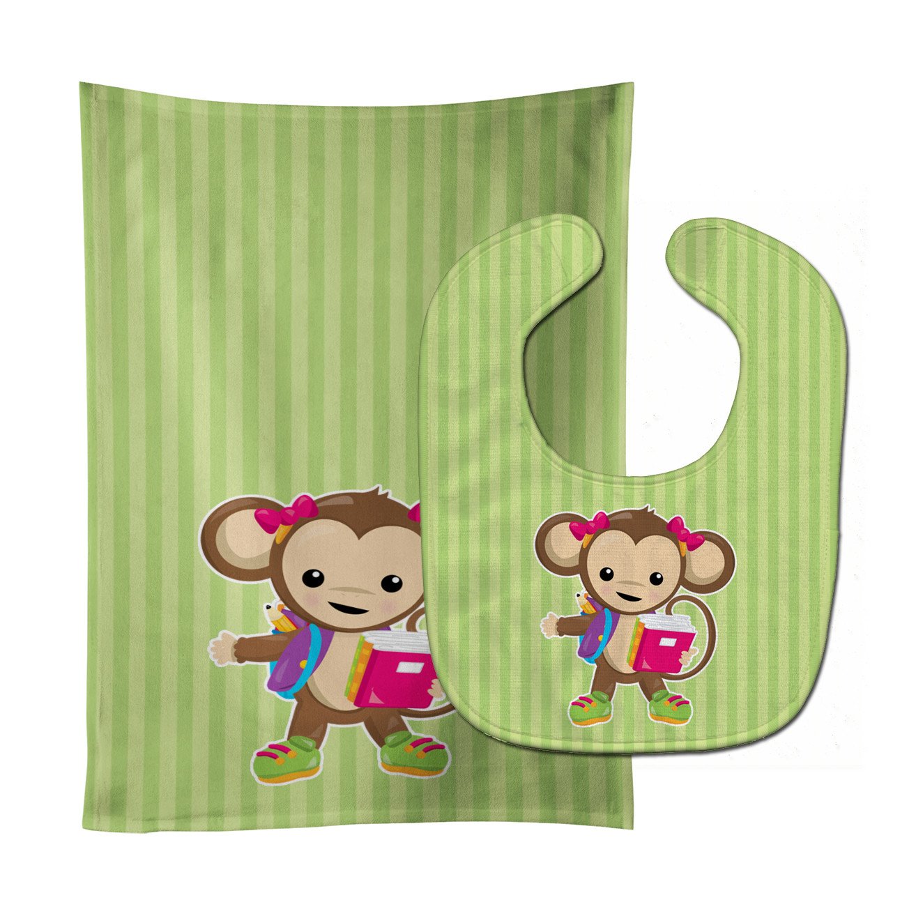 Monkey Going to School Baby Bib & Burp Cloth Easy-Clean Baby Bib Baby Feeding Accessory Baby Mealtime Essential