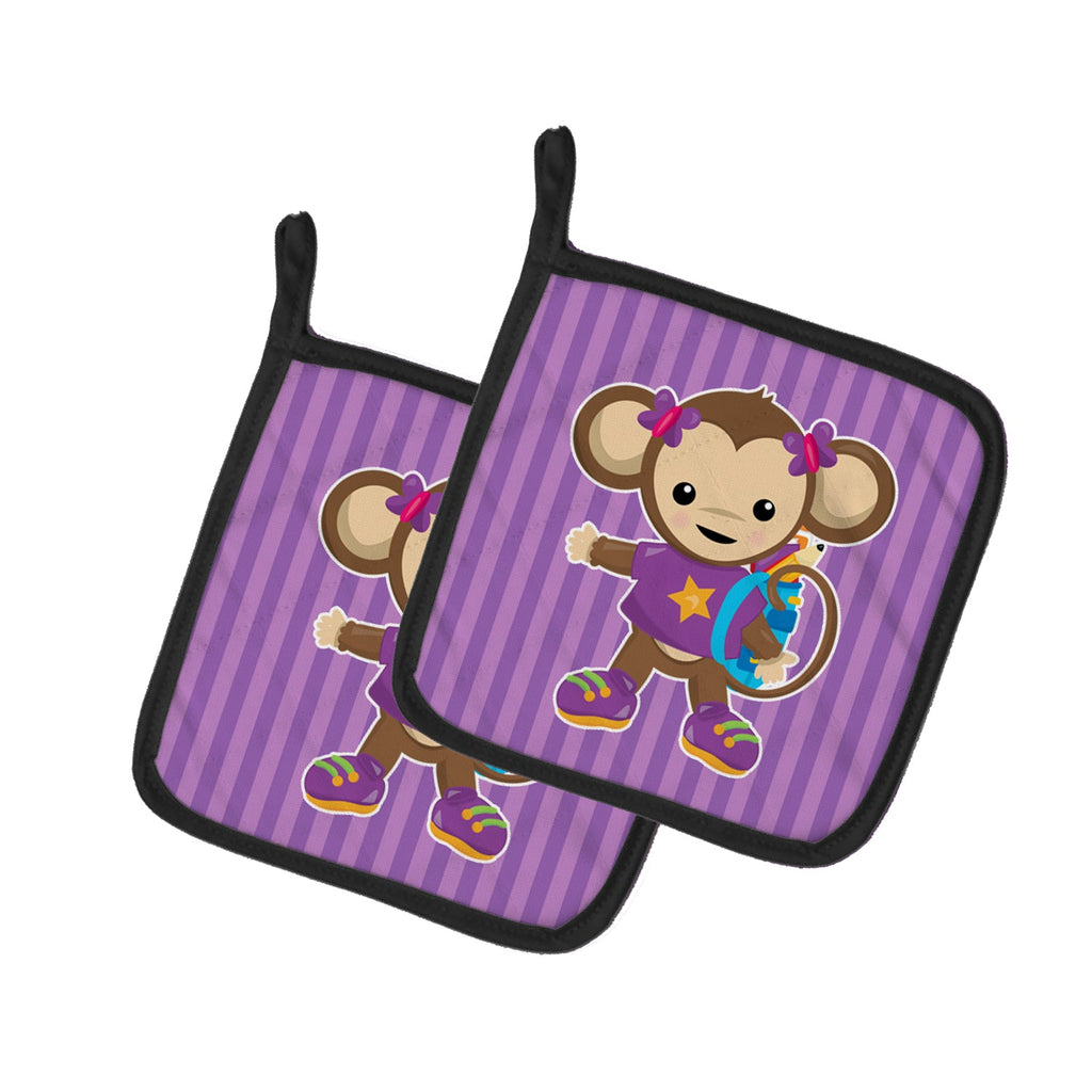 Monkey with Backpack Pot Holder Set of 2 Heat Resistant Quilted Hot Pads 7.5 x 7.5 Inch, Insulated Kitchen Trivets for Cooking & Baking