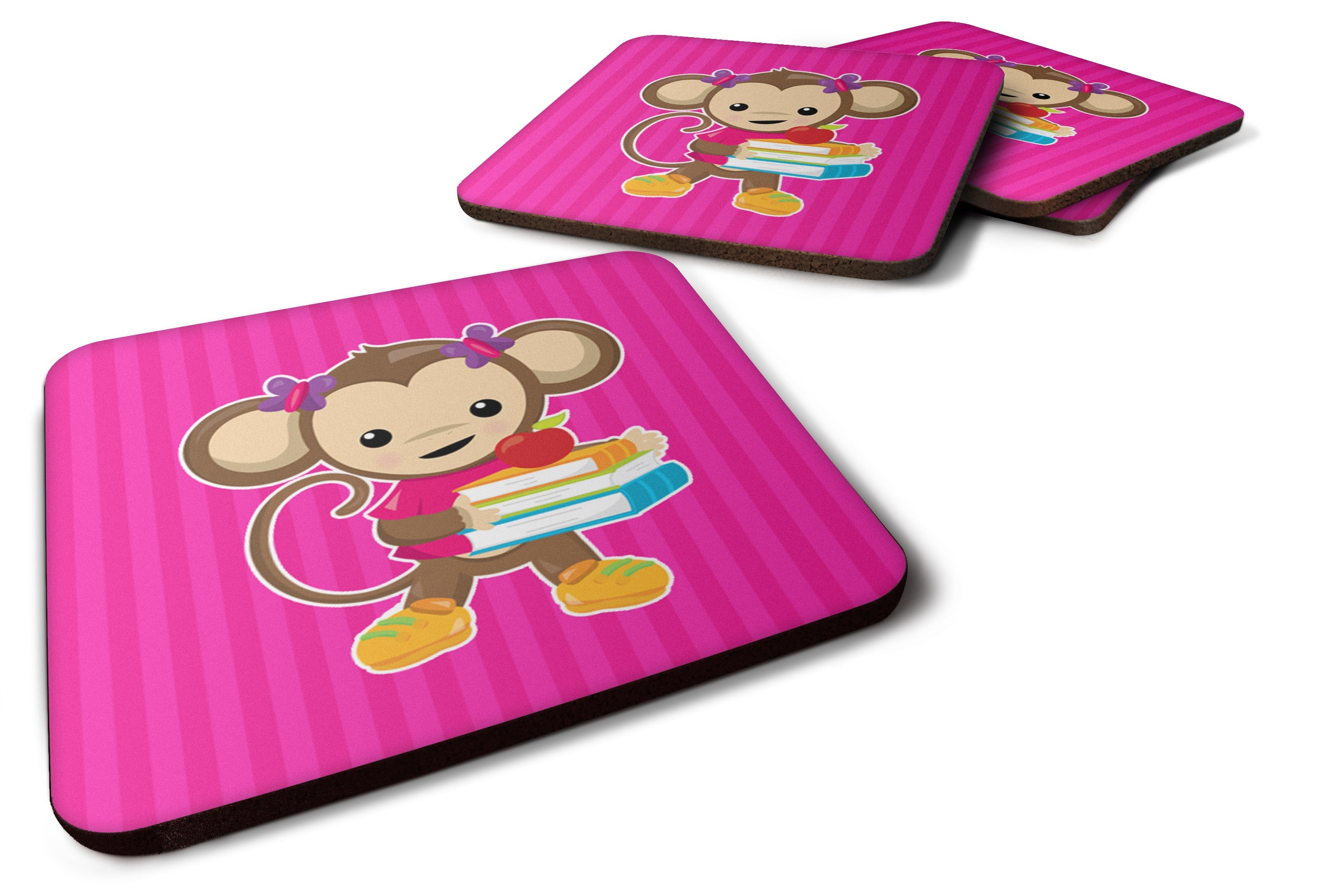Monkey and School books Foam Coasters Set of 4 Cup Coasters for Indoor Outdoor, Tabletop Protection, Anti Slip, Mouse pad Material